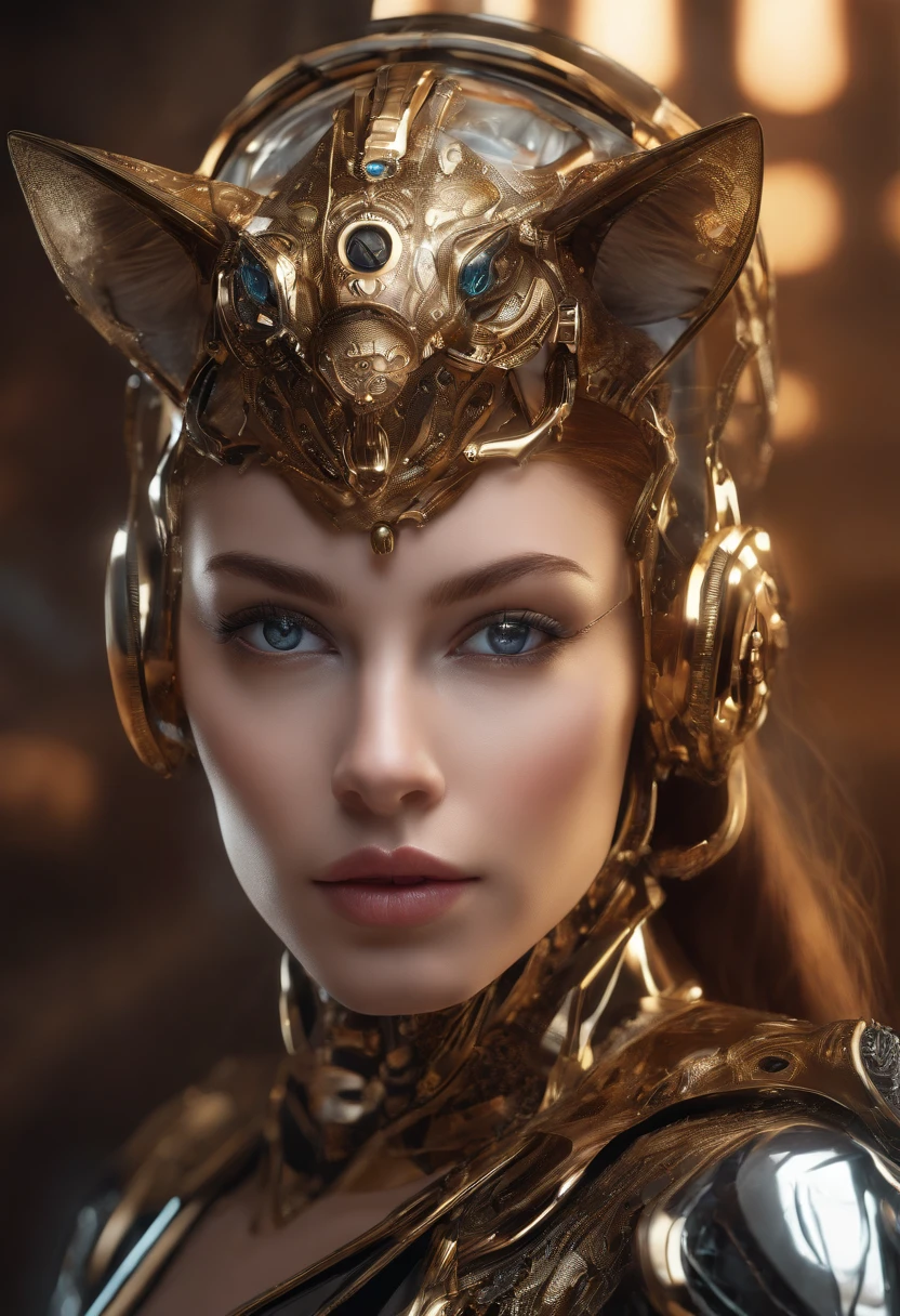 (musk:1.2,woman-Robot:1.1,wild cat,futuristic) oil painting,ultra-detailed,beautiful detailed eyes,beautiful detailed lips,extremely detailed eyes and face,long eyelashes,detailed body and intricate mechanical parts,reflective metal skin,innovative costume design,stunning background,highres,professional,portrait,sci-fi,feline features,vivid colors,studio lighting