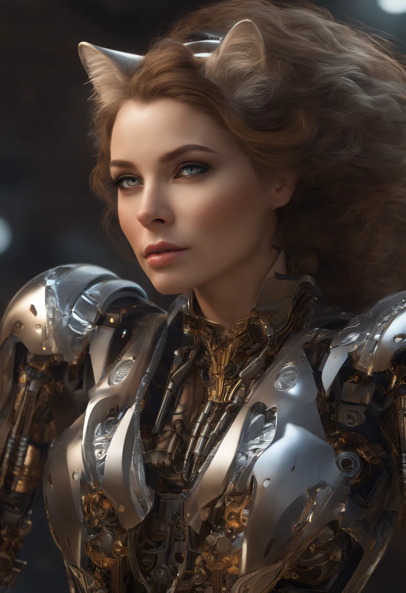 (musk:1.2,woman-Robot:1.1,wild cat,futuristic) oil painting,ultra-detailed,beautiful detailed eyes,beautiful detailed lips,extremely detailed eyes and face,long eyelashes,detailed body and intricate mechanical parts,reflective metal skin,innovative costume design,stunning background,highres,professional,portrait,sci-fi,feline features,vivid colors,studio lighting