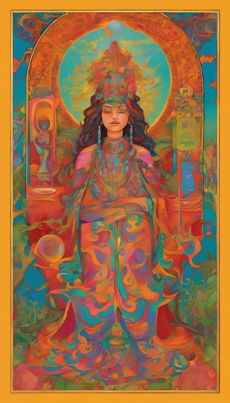 The High Priestess sits in front of a thin veil decorated with pomegranates. On either side of The High Priestess stand two pillars, marking the entrance to this sacred, mystical temple. One pillar is black with the letter B and the other is white with the letter J. The High Priestess wears a blue robe with a cross on her chest and a horned diadem, In her lap, she holds a scroll with the letters TORA, It is partly covered. There is a crescent moon at her feet, highly detailed