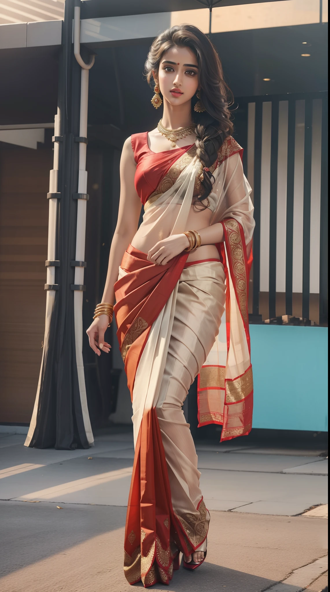 (full body shot:1.5), (Masterpiece:1.1), 1girl, solo girl, 18 year old girl, ultra realistic face, hyperrealistic, hyperdetailed, (wide angle pose standing position:0.5), (inspired by disha patani), sharpen, detailed face, detailed eyes, detailed lips, red lips, beautiful face, 16k, FHD, raw photo, cute face mesh, pretty face mesh, girl in luxury office, beautiful hair style, (Indian traditional saree and blouse, flared saree, traditional net saree, traditional saree with pleated), intricate, extremely detailed, scattering surface, ultra realistic textures, realistic face, red lip, glow face, perfect figure, beautiful curved body, fit body, (fancy high heel), tied hair, fancy hair ornament, standing on street road, croud people background, people in Indian outfits.,
