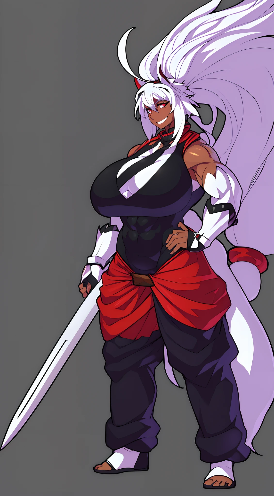 muscle girl,medium breast,, tall female, ,pants, solo focus, 1character, portrait full body,dark skinned female, , vest, coat, walking, medieval clothing, long hair, ,, open mouth smile, revealing cloths, , , berserker, warrior,, full body, walking,, ,flipflops, red eyes, sentai heroine, white bodysuit, silver hair, refsheet, smile, drop shadow, anaglyph, stereogram, tachi-e, pov, atmospheric perspective, Gothic art, Romanticism, rococo style, 8k, super detail, ccurate, best quality, UHD, retina, anatomically correct, super detail, high quality, best quality, highres, award winning, high details, textured skin, masterpiece, ccurate, 1080P, HD, 4K, 8k, 16k, anime style Waiting to start