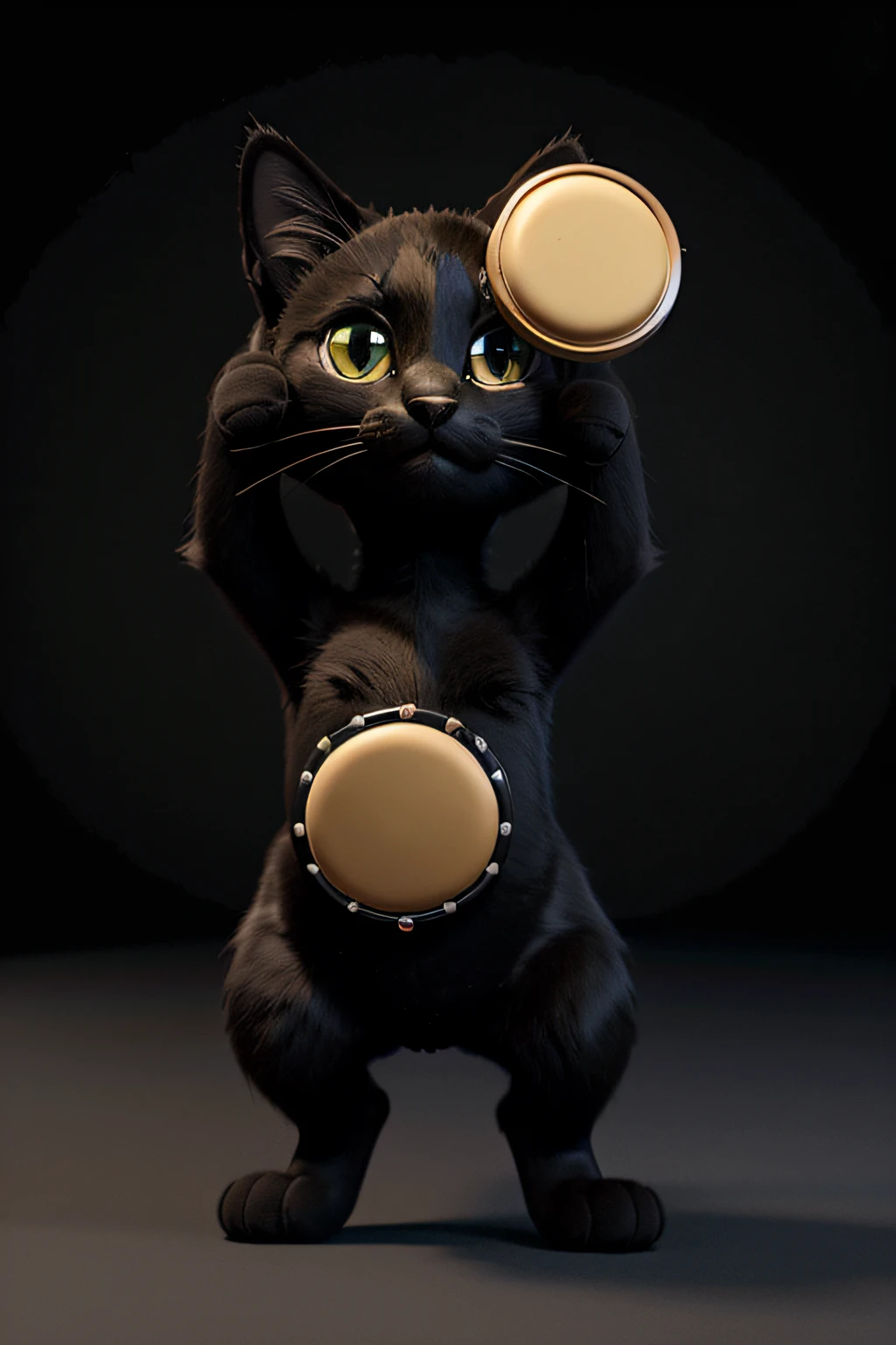Make a black cat standing up holding a tambourine with its paws, tipo desenho da disney. o pandeiro deve ser maior que o gato. pixar, 3d, disney