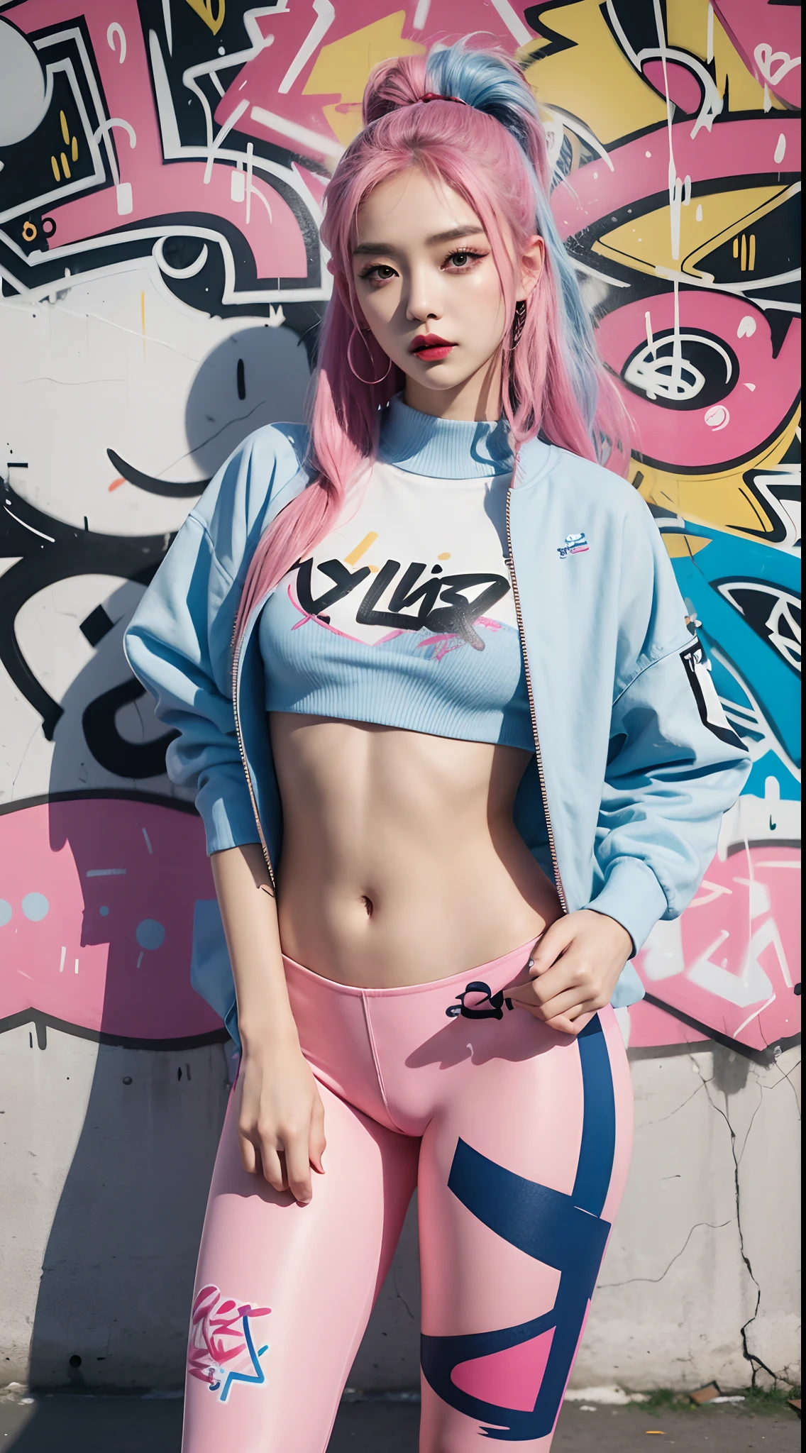 best quality, Clarity, 4k, 8k, detail, actual, Beautiful Girl, Korean makeup, Red lips, pink and blue hair, Perfect body, thigh, stand, pose standing, medium chest, Graffiti crop top, pink and blue legging, Solid graffiti wall background, Graffiti art,