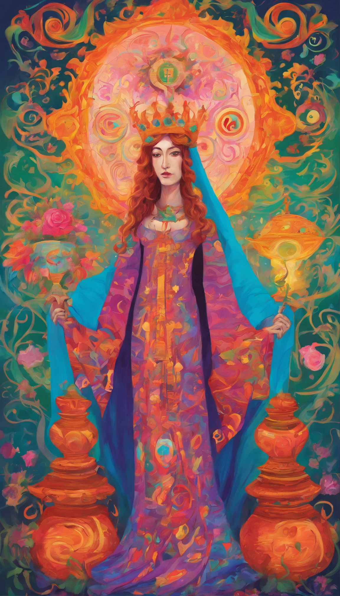 The High Priestess sits in front of a thin veil decorated with pomegranates. On either side of The High Priestess stand two pillars, marking the entrance to this sacred, mystical temple. One pillar is black with the letter B and the other is white with the letter J. The High Priestess wears a blue robe with a cross on her chest and a horned diadem, In her lap, she holds a scroll with the letters TORA, It is partly covered. There is a crescent moon at her feet, highly detailed