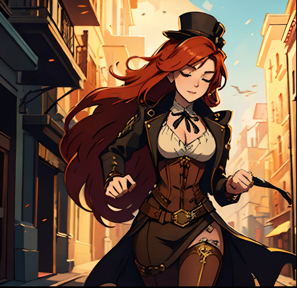 1 Sensual Redhead Woman Walking Down The Street Happy Expression Eyes Closed Steampunk Night Background An art for a role-playing game ((Very detailed strokes))