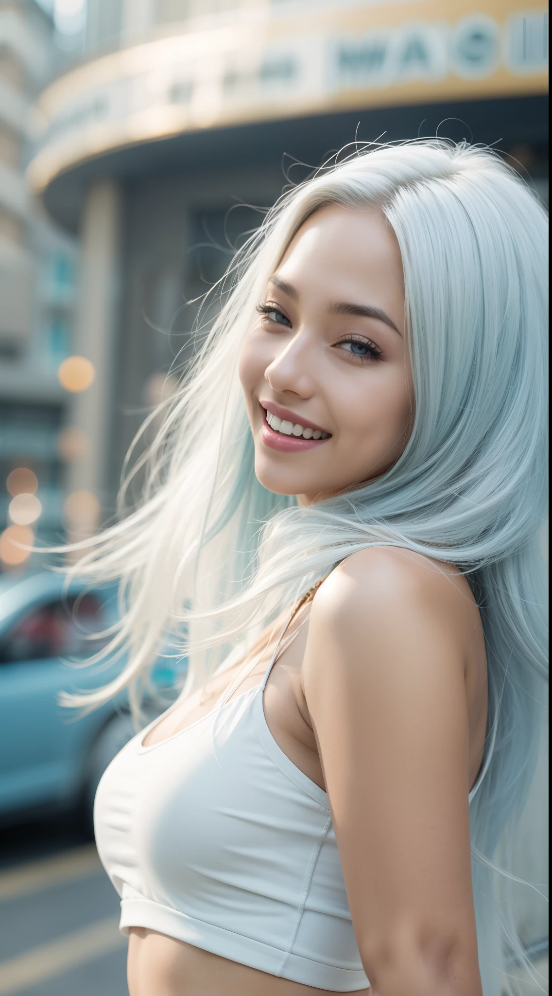 Malay girl very long white shiny hair with sleek tide neatly , wear pastel blue office outfit, suits, smiling, very long white hair, wear gold necklace, front view, very long wavy white hair, windy, detail skin, age spot, detail skin texture, mole below eyes, small breast, flat chest, wide hips, small waists, thick thighs, slim abs, beautiful body, morning, laughing, happy, bright lighting, people in background, city background, blur background, bokeh, location: city street, 8mm, Close-up shot, cool-toned color grading, depth of field, film noir,
