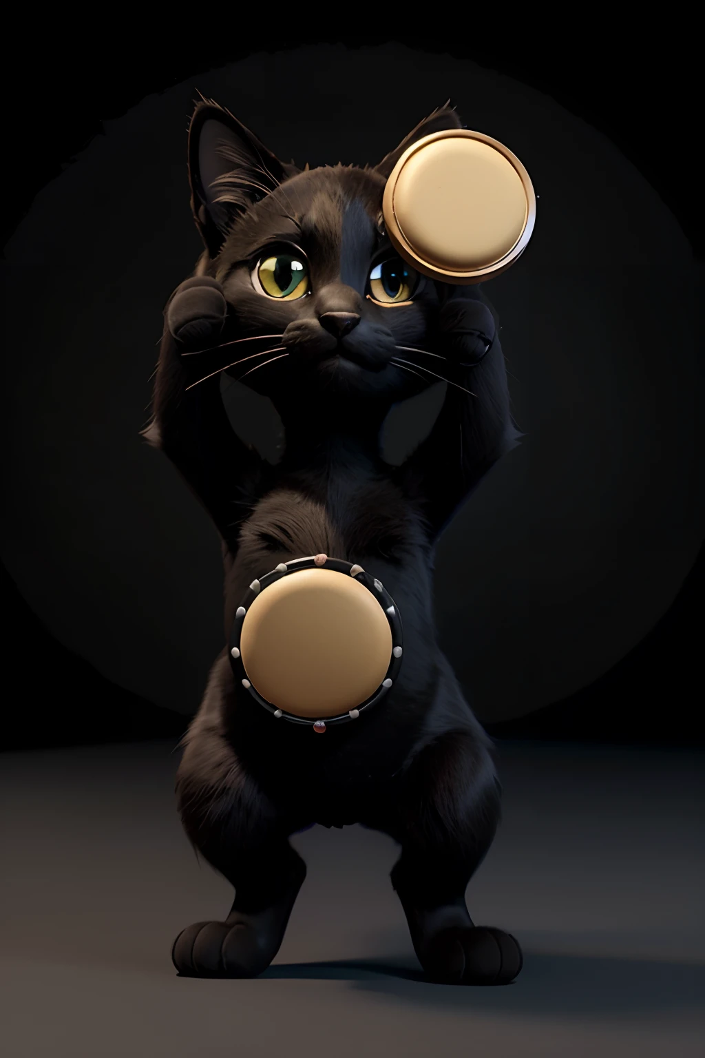 Make a black cat standing up holding a tambourine with its paws, tipo desenho da disney. o pandeiro deve ser maior que o gato. pixar, 3d, disney