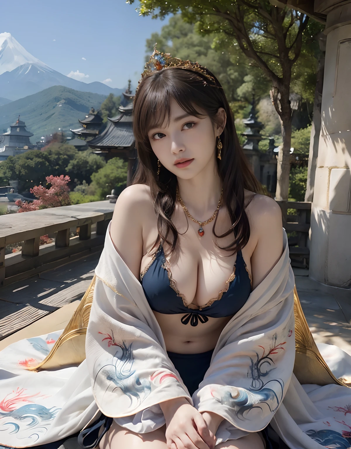 (Fight fiercely with dragons)、top-quality、masterpiece、超A high resolution、(White Dragon Armor)、(((Colossal tits))),(((Variety of hairstyles))、(((Take different poses))),(Wearing a beautiful crown made of jewels),(Photorealsitic:1.4)、Raw photo、1人、Golden hair、glowy skin、(((Japan Dragon)))、(((maikurobikini))),(Gorgeous Jewelry Necklaces)、(Mystical expression)、(Full Body Angle)、(Fight big dragons)、A dark-haired、poneyTail、With a beautiful knife、(Detailed Blue Metal Bikini)、(Detailed and beautiful flower garden)、Precipitous cliffs、(Castle background)、((super realistic details))、portlate、globalillumination、(sexypose)、Shadow、octan render、(Random hair)、8K、ultrasharp、Colossal tits、Raw skin is exposed in cleavage、metals、Details of complex ornaments、Japan details、highly intricate detail、Realistic light、CGSoation Trends、Blue eyes、radiant eyes、Facing the camera、Precipitous cliffs、Toostock、(Full Body Angle)、(veils)、(((Heavy Big))),