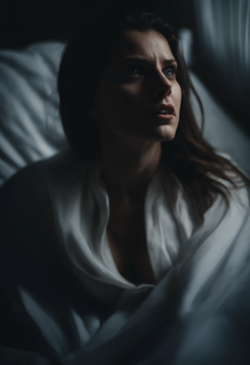 A long shot with realism style, cinematography style, scary vibe, thriller vibe. A Caucasian man, early 30 years old, dark hair, blue eyes, sad eyes, exhausting face, cool looks, wearing a sliver cross, wearing a dark coat. He is exorcising a ghost out of a young girl in a white pajamas. The girl is pocessed by a devil. The girl lays on bed and she is screaming.