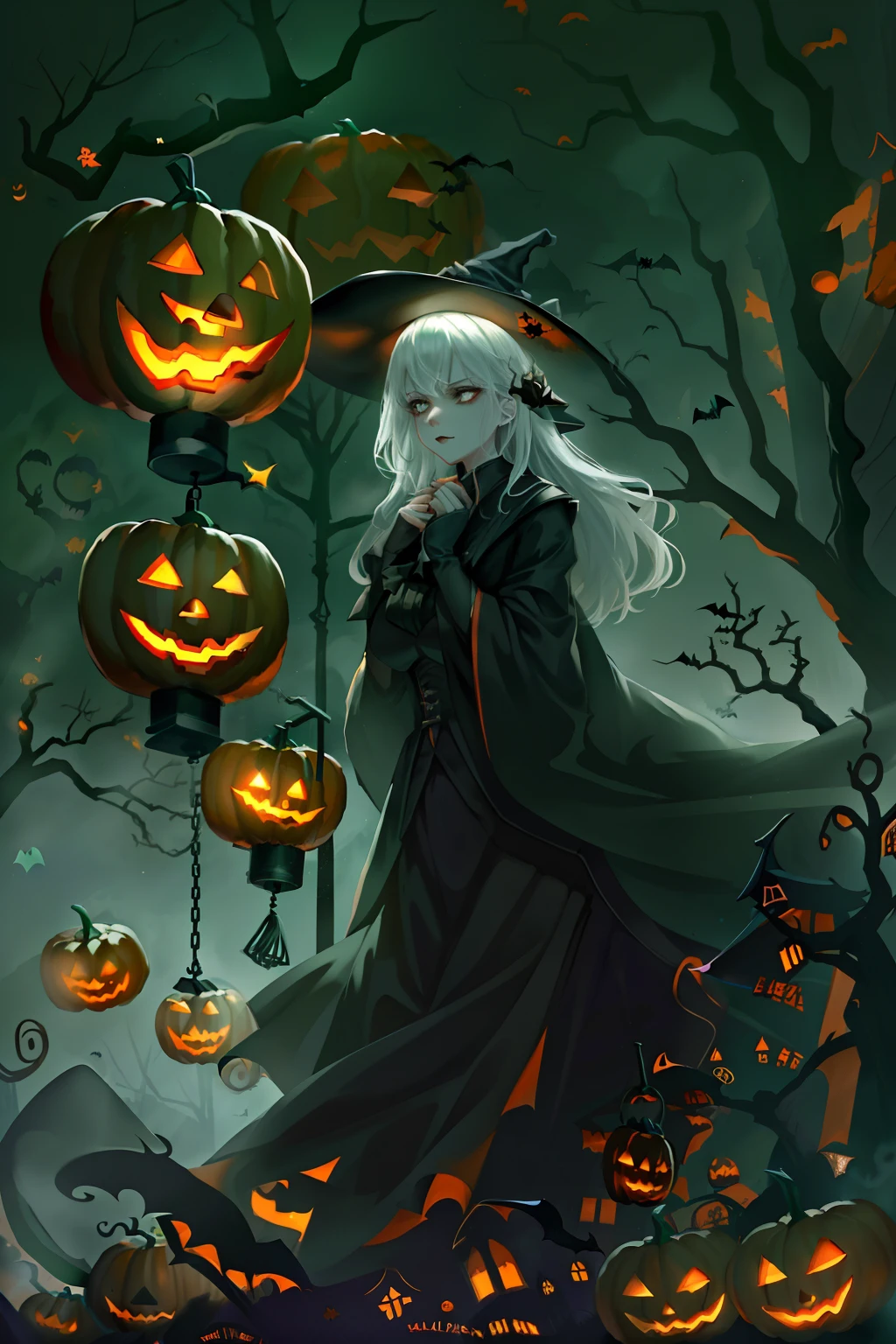 ((Need)), ((tmasterpiece)), (A detailed), (fantasy illustrations:1.3),(halloween night:1.6)，The mysterious aura of ghosts，red - eyed，Meniscus，Red Moon，borgar，(pumpkins:1.5)，Bat close-up，hag， 独奏， Dark black cloak，Great dynamic style injects mystery into the scene，Rich suspense and horror atmosphere。The woman's serious expression conveys a sense of danger and intrigue，Because she sailed through dark and ominous streets，Sinister characters lurking in the shadows，Their menacing presence adds to the suspense。The scene is filled with dramatic lighting，Cast an eerie glow and deep shadows，Create a sense of impending doom and terror。Street chiaroscuro at night，Detailed depiction of branch texture and lanterns，Lanterns hanging from trees，There are flowers on it, shadowy lighting，Background bokeh，Soft lighting, dim murky lights, Spooky lantern lighting，Peaceful and scary atmosphere，Mysterious and dark，Detailed lighting effects，Soft color transitions，Lantern branches are depicted eeriely。Ghosts float in the smoke， Seductive gaze, Mysterious Sky,Moon Night, pastelcolor, (A high resolution:1.2)