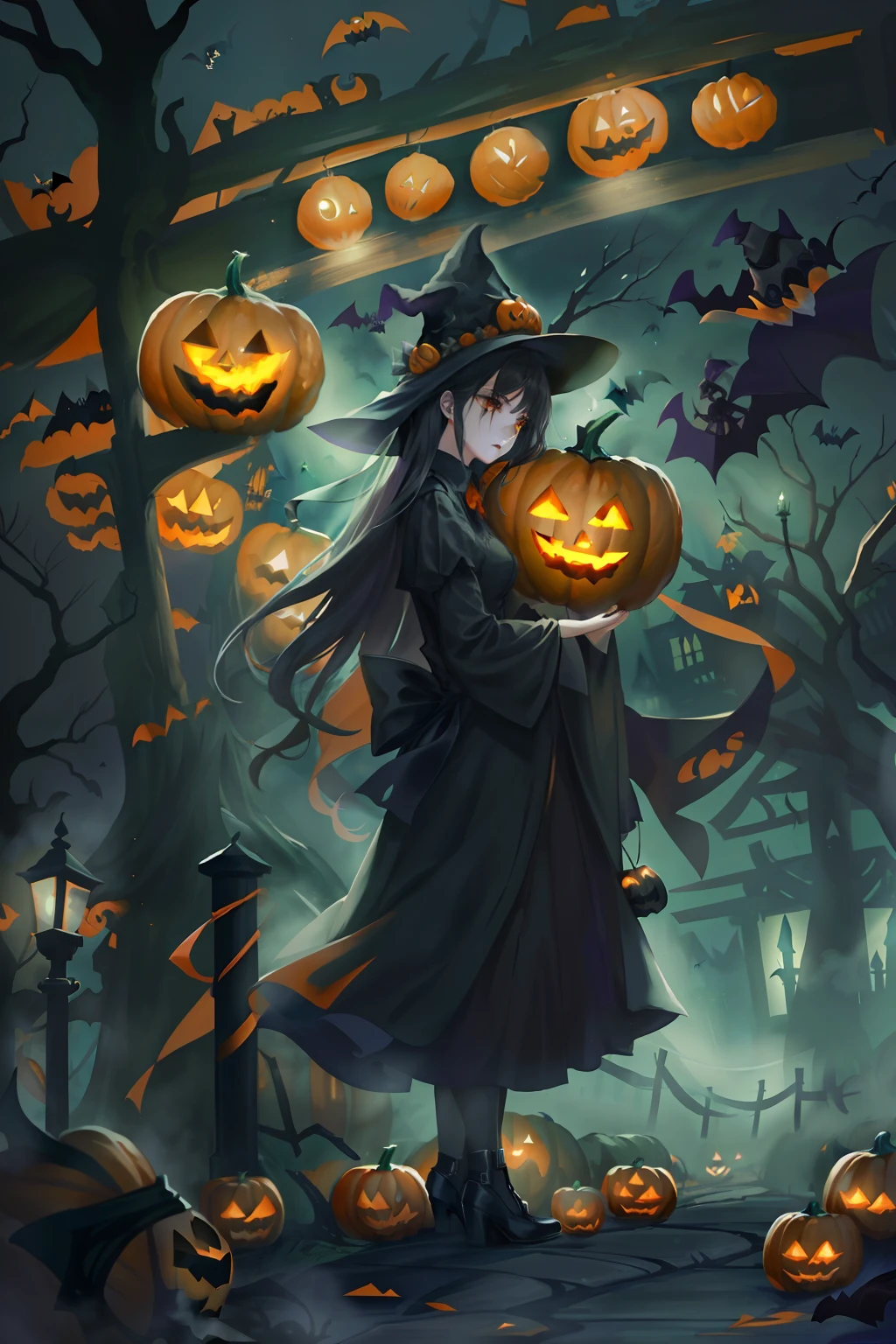 ((Need)), ((tmasterpiece)), (A detailed), (fantasy illustrations:1.3),(halloween night:1.6)，The mysterious aura of ghosts，red - eyed，Meniscus，Red Moon，borgar，(pumpkins:1.5)，Bat close-up，hag， 独奏， Dark black cloak，Great dynamic style injects mystery into the scene，Rich suspense and horror atmosphere。The woman's serious expression conveys a sense of danger and intrigue，Because she sailed through dark and ominous streets，Sinister characters lurking in the shadows，Their menacing presence adds to the suspense。The scene is filled with dramatic lighting，Cast an eerie glow and deep shadows，Create a sense of impending doom and terror。Street chiaroscuro at night，Detailed depiction of branch texture and lanterns，Lanterns hanging from trees，There are flowers on it, shadowy lighting，Background bokeh，Soft lighting, dim murky lights, Spooky lantern lighting，Peaceful and scary atmosphere，Mysterious and dark，Detailed lighting effects，Soft color transitions，Lantern branches are depicted eeriely。Ghosts float in the smoke， Seductive gaze, Mysterious Sky,Moon Night, pastelcolor, (A high resolution:1.2)