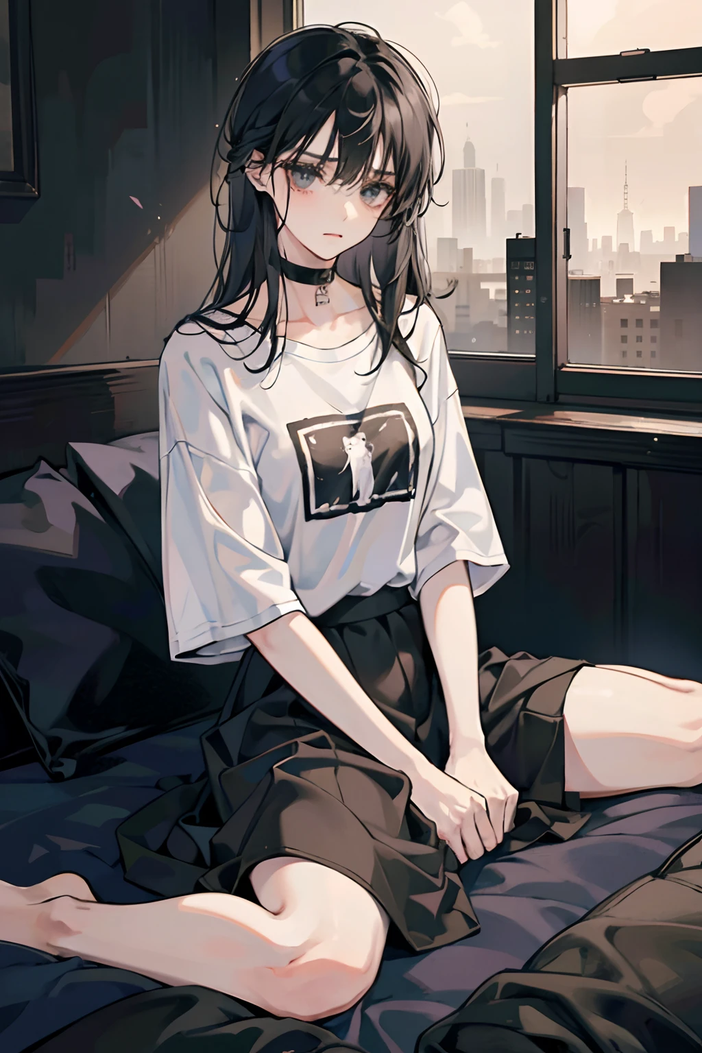 1girl, black eyes, black hair, oversized t shirt and long skirt, sad, depressed, sitting in room, bleak atmosphere, depressing background, anorexic, condescending glare