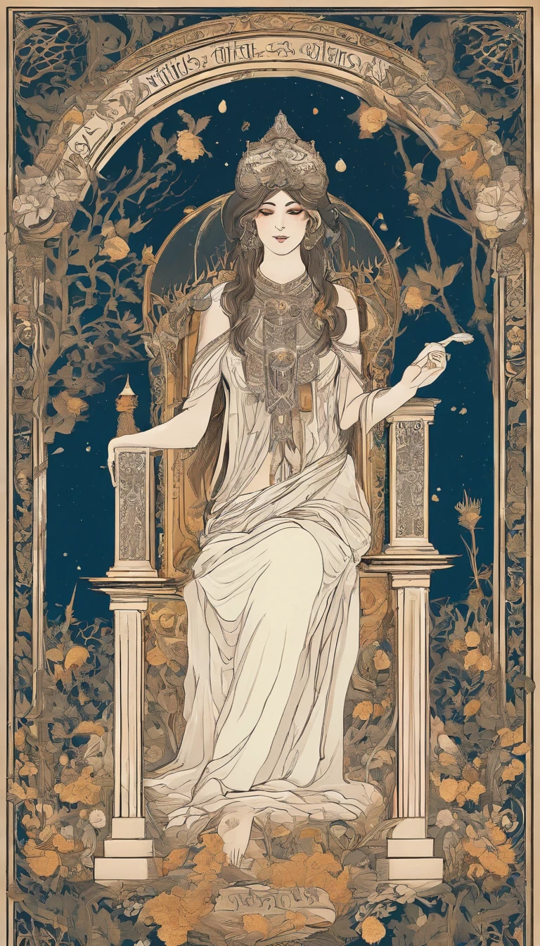 The High Priestess sits in front of a thin veil decorated with pomegranates. On either side of The High Priestess stand two pillars, marking the entrance to this sacred, mystical temple. One pillar is black with the letter B and the other is white with the letter J. The High Priestess wears a blue robe with a cross on her chest and a horned diadem, In her lap, she holds a scroll with the letters TORA, It is partly covered. There is a crescent moon at her feet, highly detailed