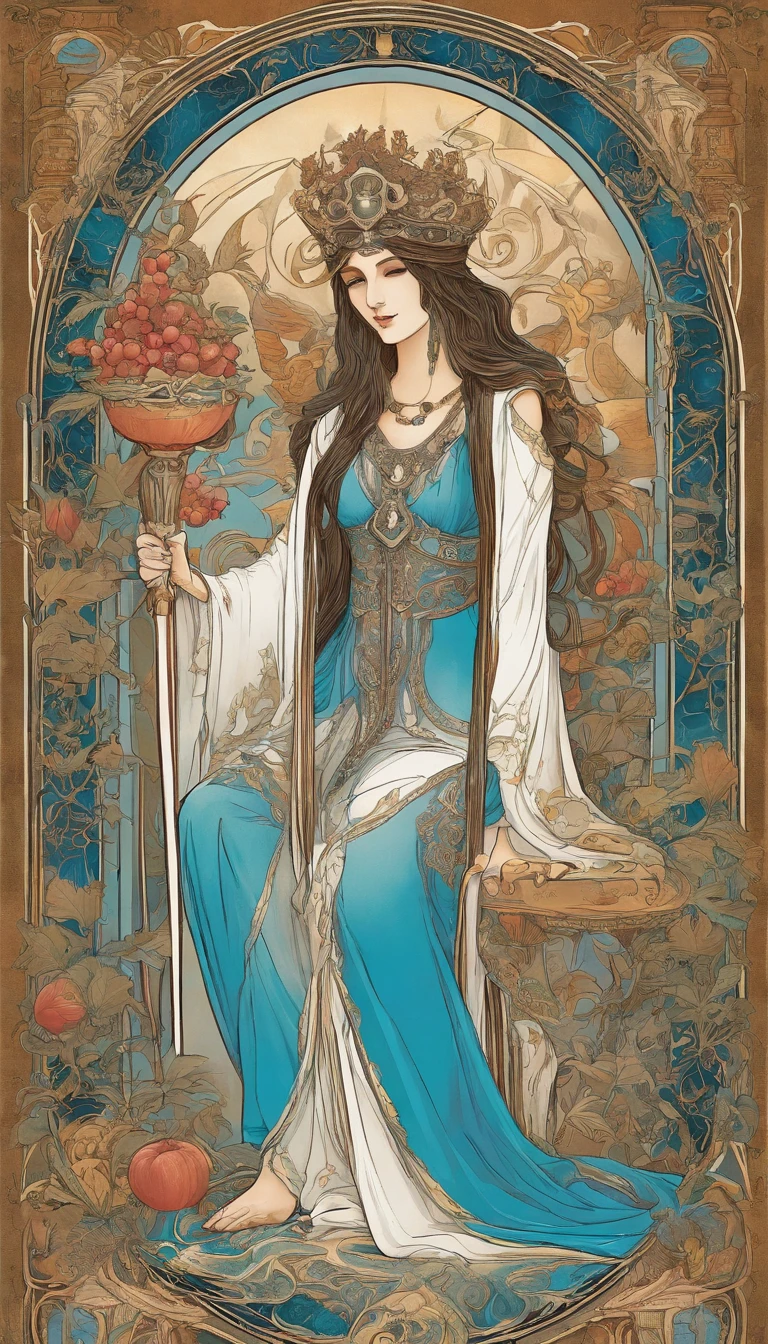 The High Priestess sits in front of a thin veil decorated with pomegranates. On either side of The High Priestess stand two pillars, marking the entrance to this sacred, mystical temple. One pillar is black with the letter B and the other is white with the letter J. The High Priestess wears a blue robe with a cross on her chest and a horned diadem, In her lap, she holds a scroll with the letters TORA, It is partly covered. There is a crescent moon at her feet, highly detailed