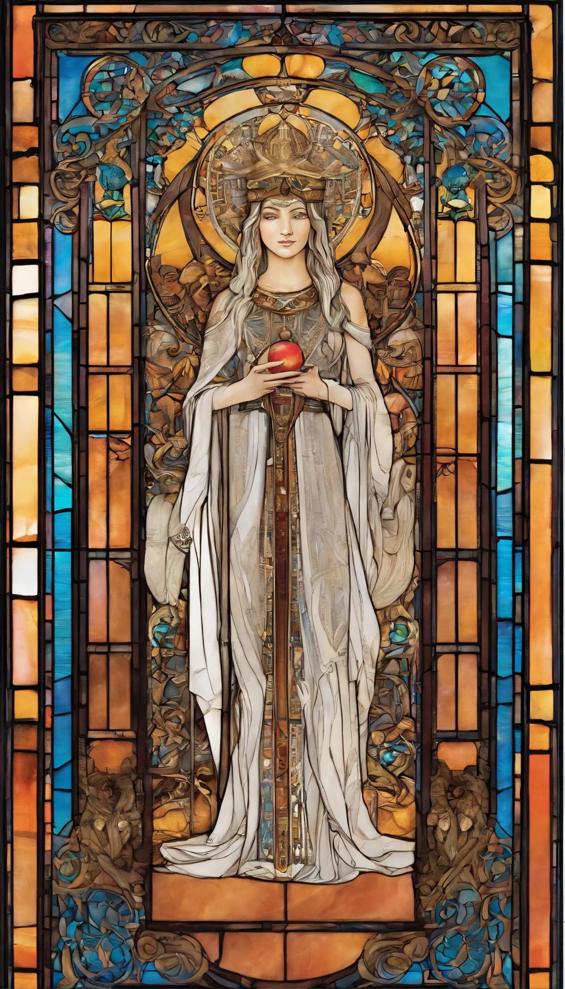 The High Priestess sits in front of a thin veil decorated with pomegranates. On either side of The High Priestess stand two pillars, marking the entrance to this sacred, mystical temple. One pillar is black with the letter B and the other is white with the letter J. The High Priestess wears a blue robe with a cross on her chest and a horned diadem, In her lap, she holds a scroll with the letters TORA, It is partly covered. There is a crescent moon at her feet, highly detailed