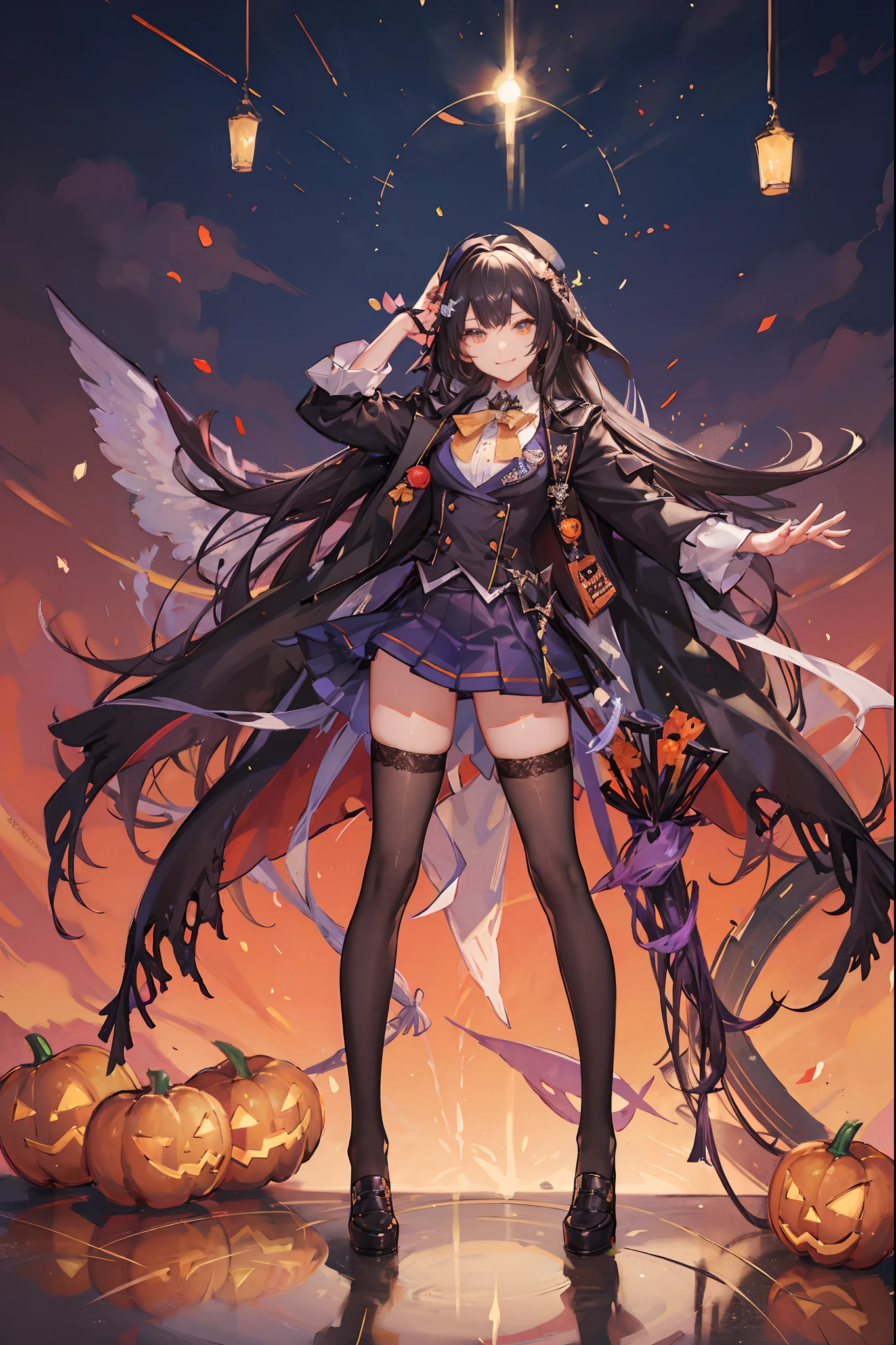 (Halloween), (Halloween), squash, (mini skirt:1.3),(Stockings:1.2), absurderes, superfine illustration,rainboweffect, hight resolution, ultra-detailliert,Light diffusion,highly detailed light reflection, Kaleidoscope, Harmonious, Best Shadow, fullllbody, zoomout, Very detailed very beautiful adult big smile, Castles, beautiful detailed High school uniform