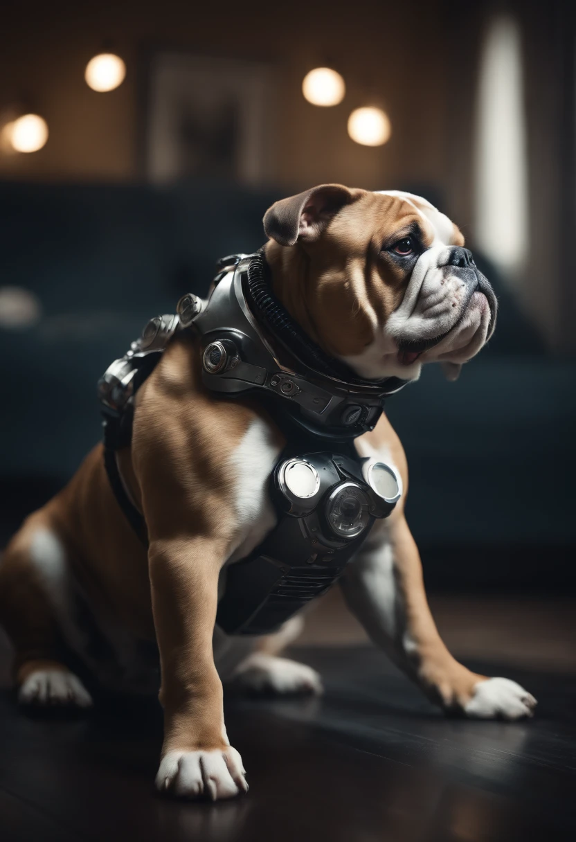 Cachorro Pit Bull robotizado, realista, Wounded and post-apocalypse background