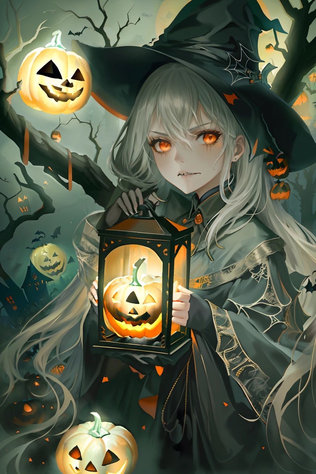 ((Need)), ((tmasterpiece)), (A detailed), (fantasy illustrations:1.3),(halloween night:1.6)，The mysterious aura of ghosts，red - eyed，Meniscus，Red Moon，borgar，(pumpkins:1.5)，Bat close-up，hag， 独奏， Dark black cloak，Great dynamic style injects mystery into the scene，Rich suspense and horror atmosphere。The woman's serious expression conveys a sense of danger and intrigue，Because she sailed through dark and ominous streets，Sinister characters lurking in the shadows，Their menacing presence adds to the suspense。The scene is filled with dramatic lighting，Cast an eerie glow and deep shadows，Create a sense of impending doom and terror。Street chiaroscuro at night，Detailed depiction of branch texture and lanterns，Lanterns hanging from trees，There are flowers on it, shadowy lighting，Background bokeh，Soft lighting, dim murky lights, Spooky lantern lighting，Peaceful and scary atmosphere，Mysterious and dark，Detailed lighting effects，Soft color transitions，Lantern branches are depicted eeriely。Ghosts float in the smoke， Seductive gaze, Mysterious Sky,Moon Night, pastelcolor, (A high resolution:1.2)