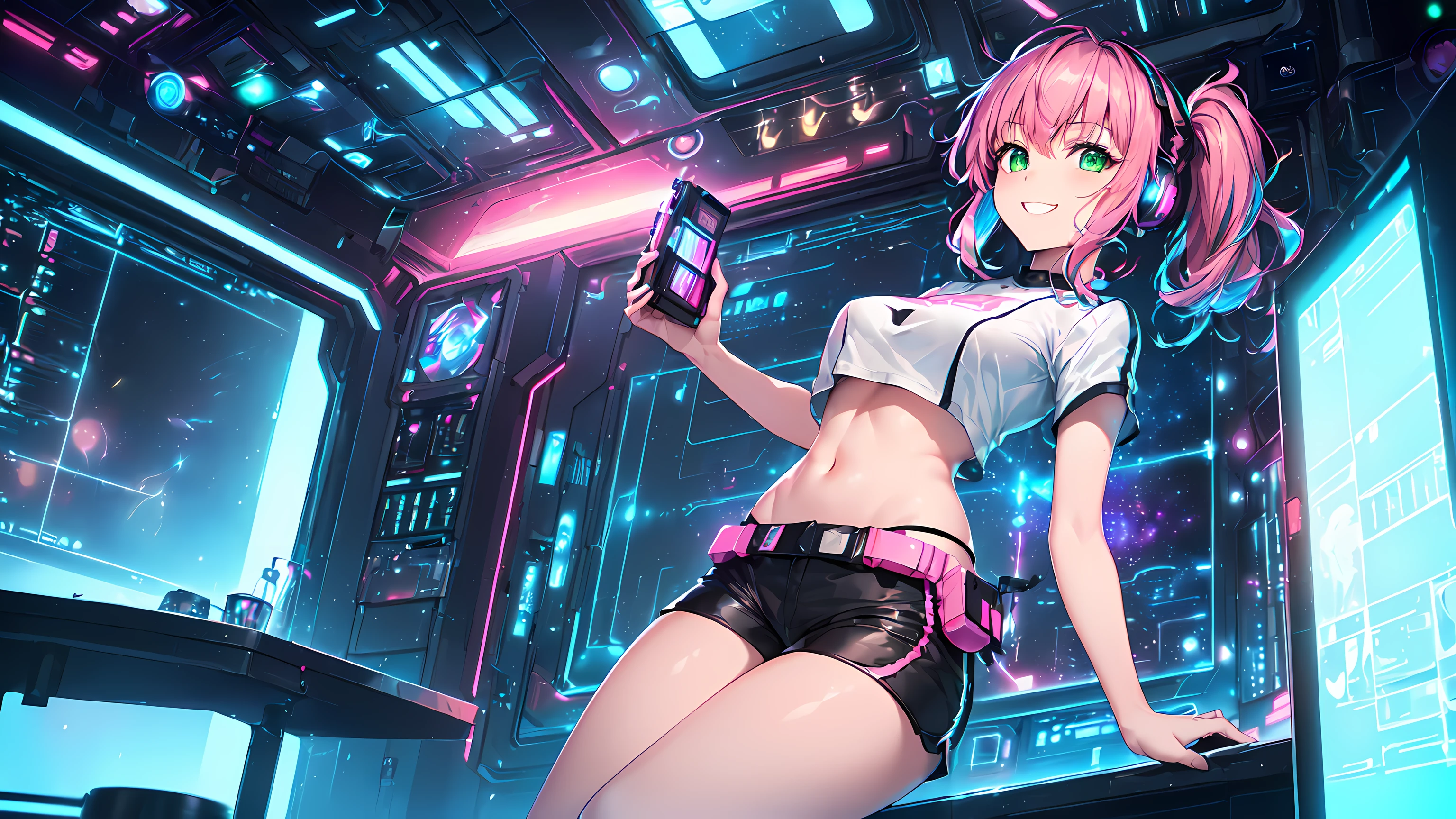 masterpiece:1.4, 1girl ((20year old, dressed in tight crop top, tight black shorts, sneakers, medium breasts, multicolor pink hair, twin ponytails, perfect model body, green eyes:1.4, Wearing headphones, flirting, happy, big smile, Looking out of a Futuristic Sci-Fi Space Station windows staring out to a beautiful galaxy:1.2, sci fi control room in the background at night:1.1, neon and energetic atmosphere:1.2)) ((galaxy)) ((solo:1.6)) ((wide Camera angle))