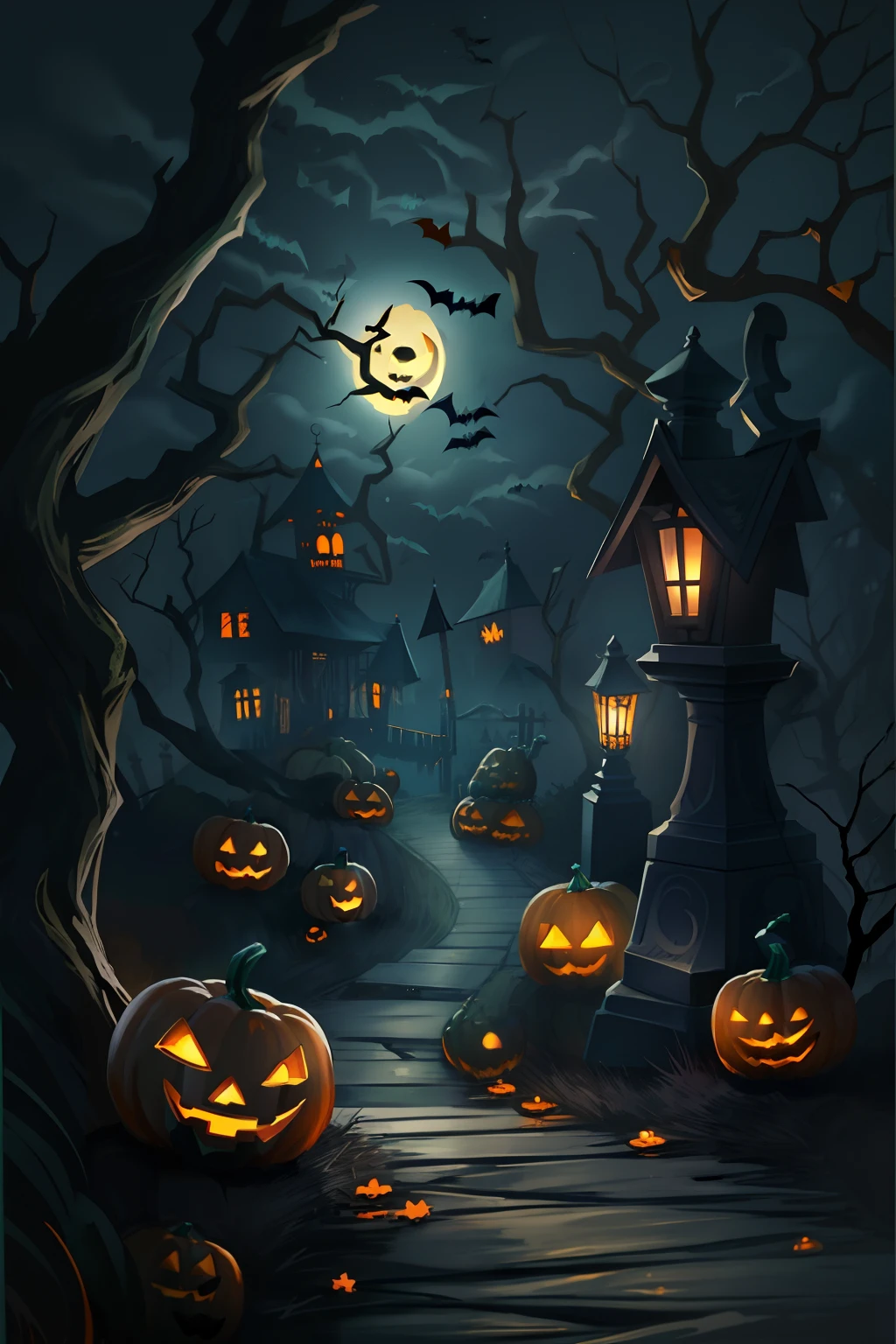 ((Need)), ((tmasterpiece)), (A detailed), (fantasy illustrations:1.3),(halloween night:1.6)，The mysterious aura of ghosts，red - eyed，Meniscus，Red Moon，borgar，(pumpkins:1.5)，Bat close-up，hag， 独奏， Dark black cloak，Great dynamic style injects mystery into the scene，Rich suspense and horror atmosphere。The woman's serious expression conveys a sense of danger and intrigue，Because she sailed through dark and ominous streets，Sinister characters lurking in the shadows，Their menacing presence adds to the suspense。The scene is filled with dramatic lighting，Cast an eerie glow and deep shadows，Create a sense of impending doom and terror。Street chiaroscuro at night，Detailed depiction of branch texture and lanterns，Lanterns hanging from trees，There are flowers on it, shadowy lighting，Background bokeh，Soft lighting, dim murky lights, Spooky lantern lighting，Peaceful and scary atmosphere，Mysterious and dark，Detailed lighting effects，Soft color transitions，Lantern branches are depicted eeriely。Ghosts float in the smoke， Seductive gaze, Mysterious Sky,Moon Night, pastelcolor, (A high resolution:1.2)