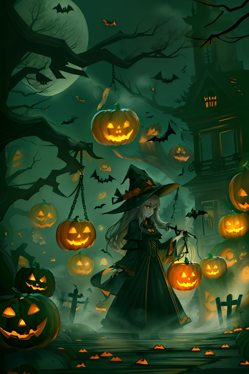 ((Need)), ((tmasterpiece)), (A detailed), (fantasy illustrations:1.3),(halloween night:1.6)，The mysterious aura of ghosts，red - eyed，Meniscus，Red Moon，borgar，(pumpkins:1.5)，Bat close-up，hag， 独奏， Dark black cloak，Great dynamic style injects mystery into the scene，Rich suspense and horror atmosphere。The woman's serious expression conveys a sense of danger and intrigue，Because she sailed through dark and ominous streets，Sinister characters lurking in the shadows，Their menacing presence adds to the suspense。The scene is filled with dramatic lighting，Cast an eerie glow and deep shadows，Create a sense of impending doom and terror。Street chiaroscuro at night，Detailed depiction of branch texture and lanterns，Lanterns hanging from trees，There are flowers on it, shadowy lighting，Background bokeh，Soft lighting, dim murky lights, Spooky lantern lighting，Peaceful and scary atmosphere，Mysterious and dark，Detailed lighting effects，Soft color transitions，Lantern branches are depicted eeriely。Ghosts float in the smoke， Seductive gaze, Mysterious Sky,Moon Night, pastelcolor, (A high resolution:1.2)