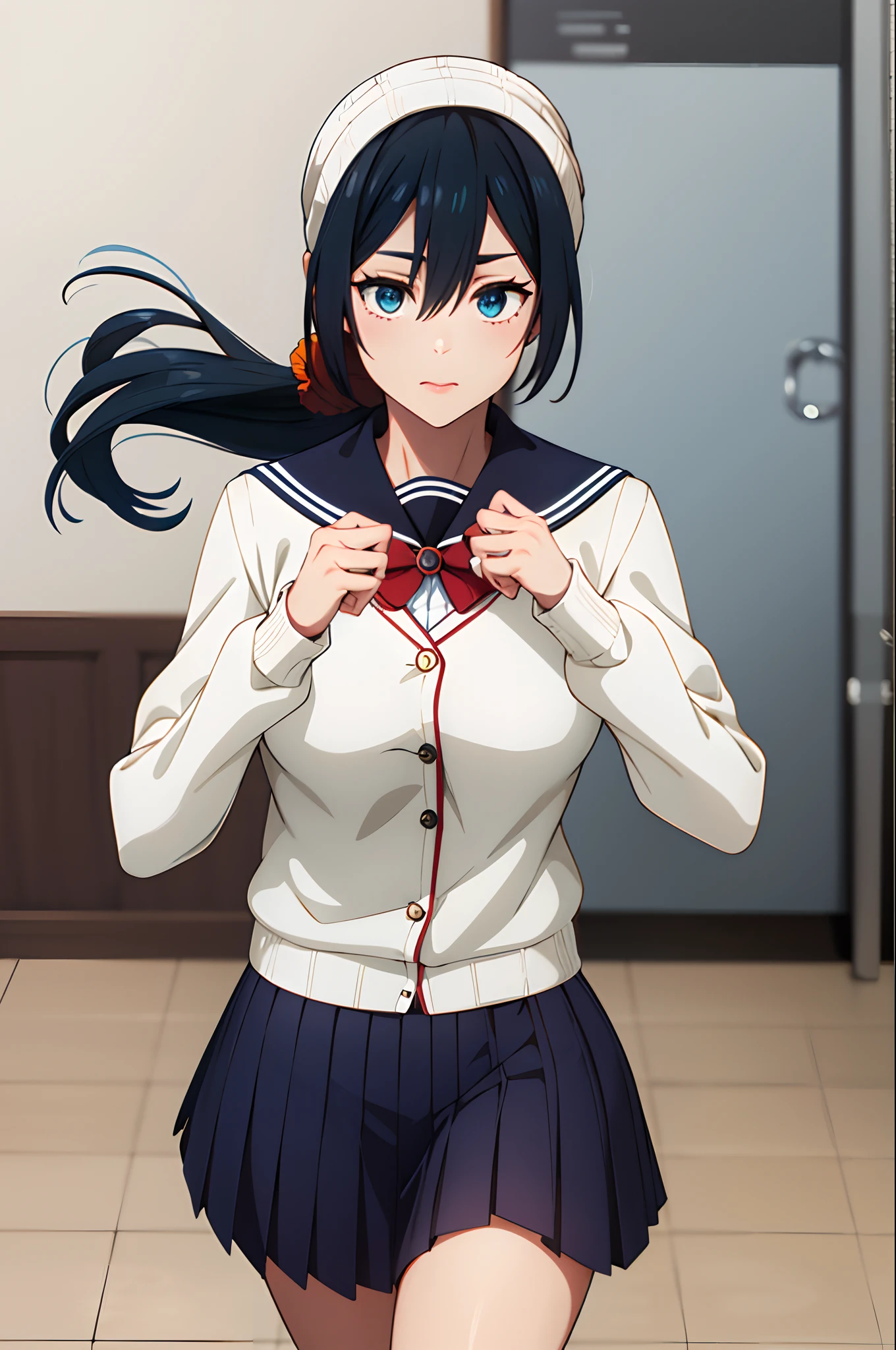 masterpiece, best quality, highres, takarada rikka, rikka1, 1girl, takarada rikka, black hair, solo, blue eyes, wrist scrunchie, long hair, red socks, school uniform, black skirt, bangs, pleated skirt, orange scrunchie, red bow, white cardigan, long sleeves, bowtie, loafers, white shirt, miniskirt, white sweater, large breasts.