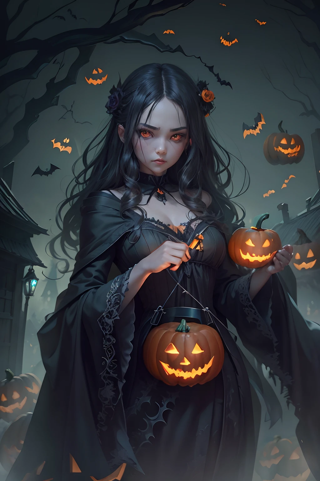 ((Need)), ((tmasterpiece)), (A detailed), (fantasy illustrations:1.3),(halloween night:1.6),The mysterious aura of ghosts,red - eyed,Meniscus,Red Moon,borgar,(pumpkins:1.5),Bat close-up,hag, 独奏, Dark black cloak,Great dynamic style injects mystery into the scene,Rich suspense and horror atmosphere。The woman's serious expression conveys a sense of danger and intrigue,Because she sailed through dark and ominous streets,Sinister characters lurking in the shadows,Their menacing presence adds to the suspense。The scene is filled with dramatic lighting,Cast an eerie glow and deep shadows,Create a sense of impending doom and terror。Street chiaroscuro at night,Detailed depiction of branch texture and lanterns,Lanterns hanging from trees,There are flowers on it, shadowy lighting,Background bokeh,Soft lighting, dim murky lights, Spooky lantern lighting,Peaceful and scary atmosphere,Mysterious and dark,Detailed lighting effects,Soft color transitions,Lantern branches are depicted eeriely。Ghosts float in the smoke, Seductive gaze, Mysterious Sky,Moon Night, pastelcolor, (A high resolution:1.2)