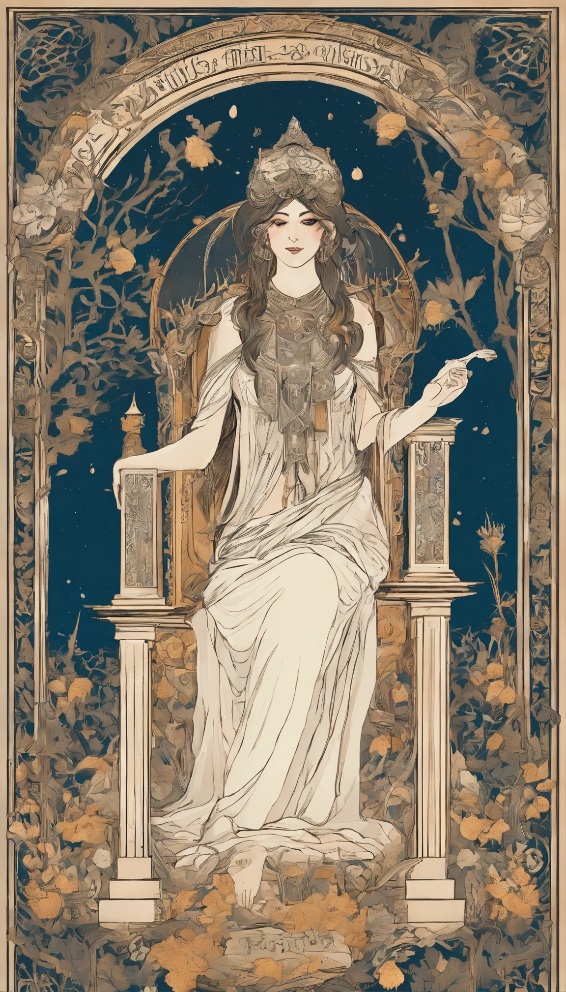 The High Priestess sits in front of a thin veil decorated with pomegranates. On either side of The High Priestess stand two pillars, marking the entrance to this sacred, mystical temple. One pillar is black with the letter B and the other is white with the letter J. The High Priestess wears a blue robe with a cross on her chest and a horned diadem, In her lap, she holds a scroll with the letters TORA, It is partly covered. There is a crescent moon at her feet, highly detailed