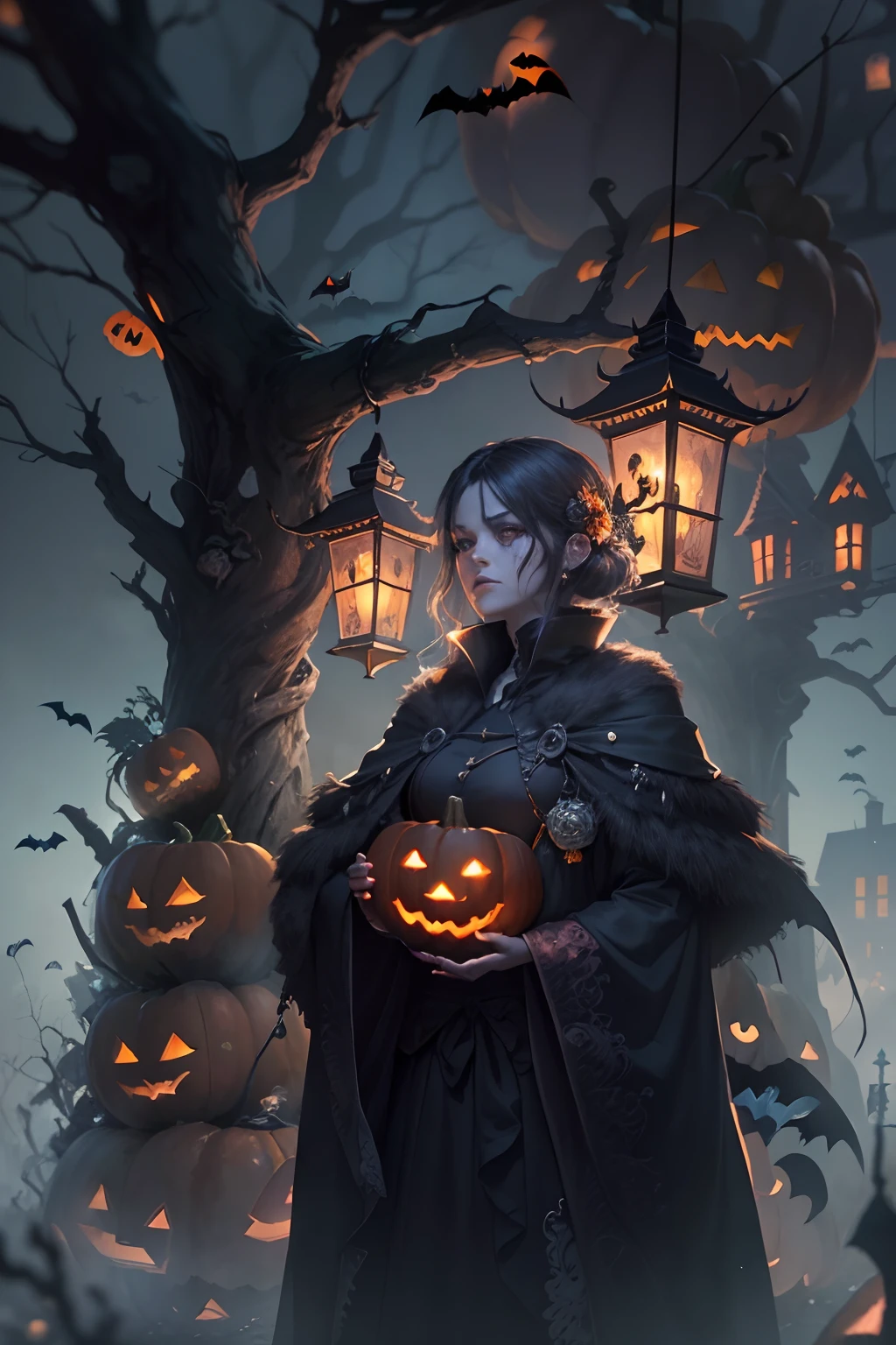 ((Need)), ((tmasterpiece)), (A detailed), (fantasy illustrations:1.3),(halloween night:1.6),The mysterious aura of ghosts,red - eyed,Meniscus,Red Moon,borgar,(pumpkins:1.5),Bat close-up,hag, 独奏, Dark black cloak,Great dynamic style injects mystery into the scene,Rich suspense and horror atmosphere。The woman's serious expression conveys a sense of danger and intrigue,Because she sailed through dark and ominous streets,Sinister characters lurking in the shadows,Their menacing presence adds to the suspense。The scene is filled with dramatic lighting,Cast an eerie glow and deep shadows,Create a sense of impending doom and terror。Street chiaroscuro at night,Detailed depiction of branch texture and lanterns,Lanterns hanging from trees,There are flowers on it, shadowy lighting,Background bokeh,Soft lighting, dim murky lights, Spooky lantern lighting,Peaceful and scary atmosphere,Mysterious and dark,Detailed lighting effects,Soft color transitions,Lantern branches are depicted eeriely。Ghosts float in the smoke, Seductive gaze, Mysterious Sky,Moon Night, pastelcolor, (A high resolution:1.2)