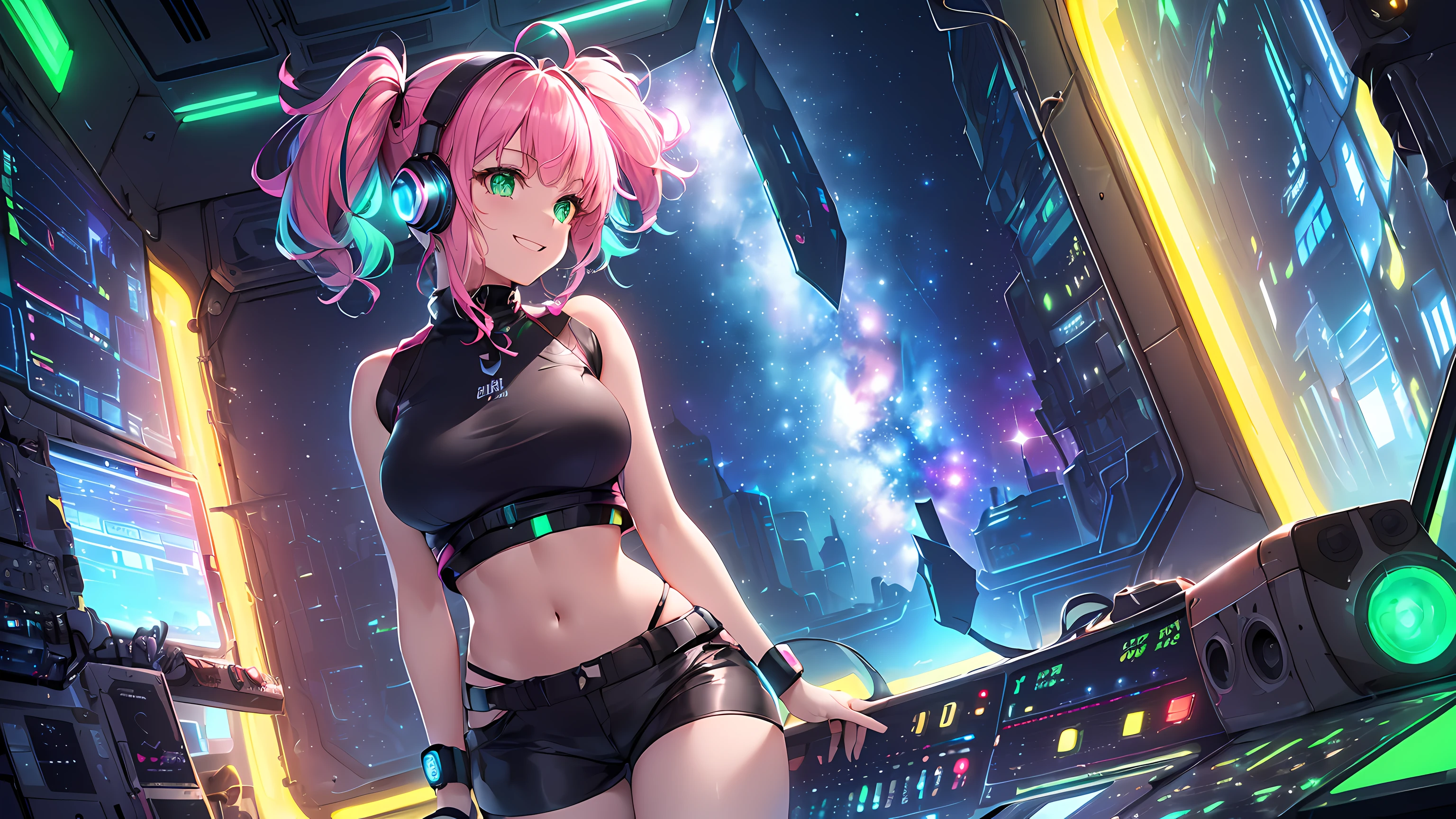 masterpiece:1.4, 1girl ((20year old, dressed in tight crop top, tight black shorts, sneakers, medium breasts, multicolor pink hair, twin ponytails, perfect model body, green eyes:1.4, Wearing headphones, flirting, happy, big smile, Looking out of a Futuristic Sci-Fi Space Station window, staring out to a beautiful galaxy:1.2, sci fi control room in the background at night:1.1, neon and energetic atmosphere:1.2)) ((galaxy)) ((solo:1.6)) ((low Camera angle))