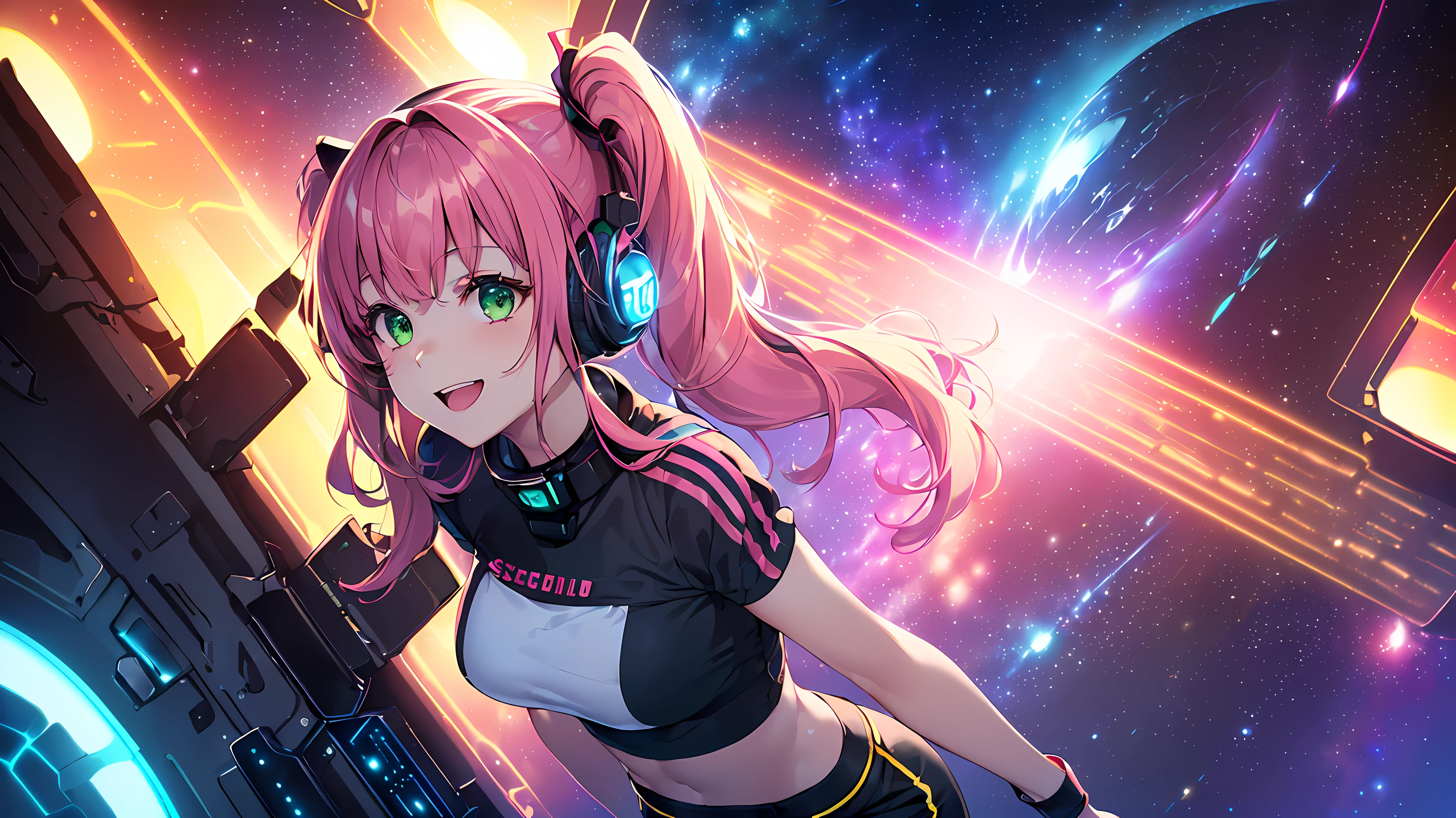 masterpiece:1.4, 1girl ((20year old, dressed in tight crop top, tight black shorts, sneakers, medium breasts, multicolor pink hair, twin ponytails, perfect model body, green eyes:1.4, Wearing headphones, flirting, happy, big smile, Looking out of a Futuristic Sci-Fi Space Station window, staring out to a beautiful galaxy:1.2, sci fi control room in the background at night:1.1, neon and energetic atmosphere:1.2)) ((galaxy)) ((solo:1.6)) ((low Camera angle))