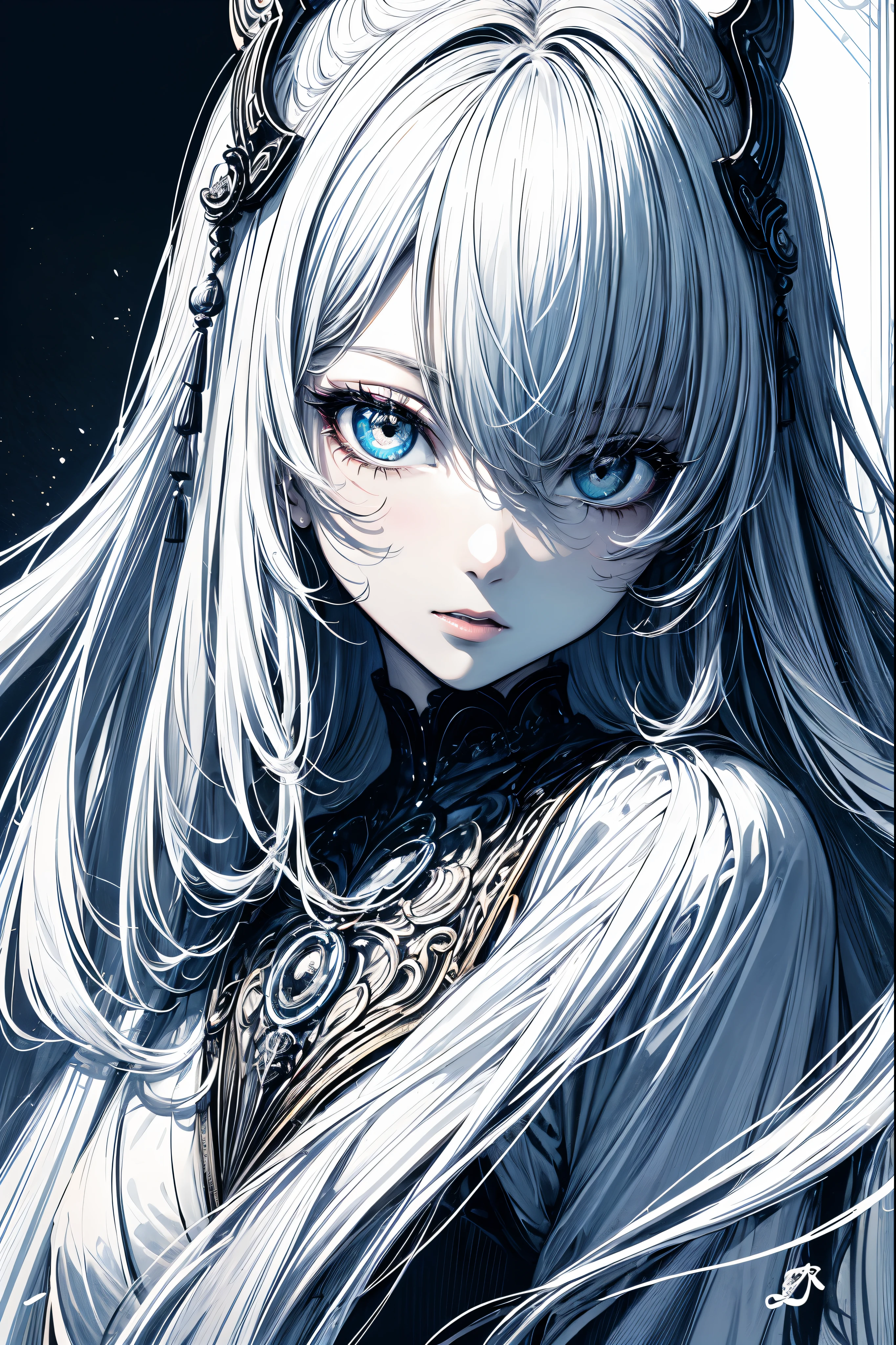 girl with、(​masterpiece、top-quality、offcial art、Beauty and aesthetics:1.2)、(ultra-detailliert)、detaile、The best illustrations、hand-paintedhigh-quality、(highly contrast)、(Clean lines:1.3)、(line-drawing)、line-drawing、(complex lines)、(Lola:add more details:0.5),Ligneclair、Fractal Art、Pen drawing、、(portlate、From the knee up、very closeup:1.1)、,Wraparound configuration, , Japanese style ,(intricate-detail),(colourfull),hight resolution,full body,