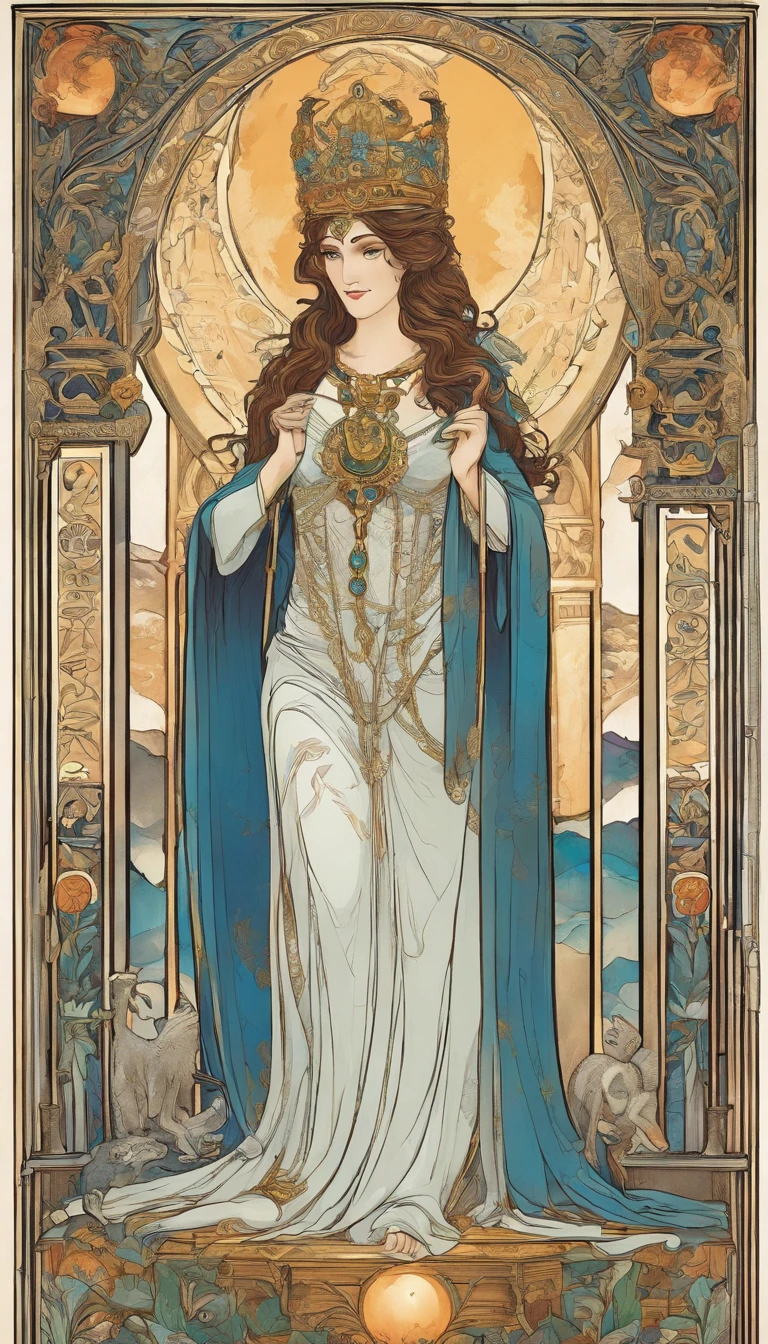 The High Priestess sits in front of a thin veil decorated with pomegranates. On either side of The High Priestess stand two pillars, marking the entrance to this sacred, mystical temple. One pillar is black with the letter B and the other is white with the letter J. The High Priestess wears a blue robe with a cross on her chest and a horned diadem, In her lap, she holds a scroll with the letters TORA, It is partly covered. There is a crescent moon at her feet, highly detailed