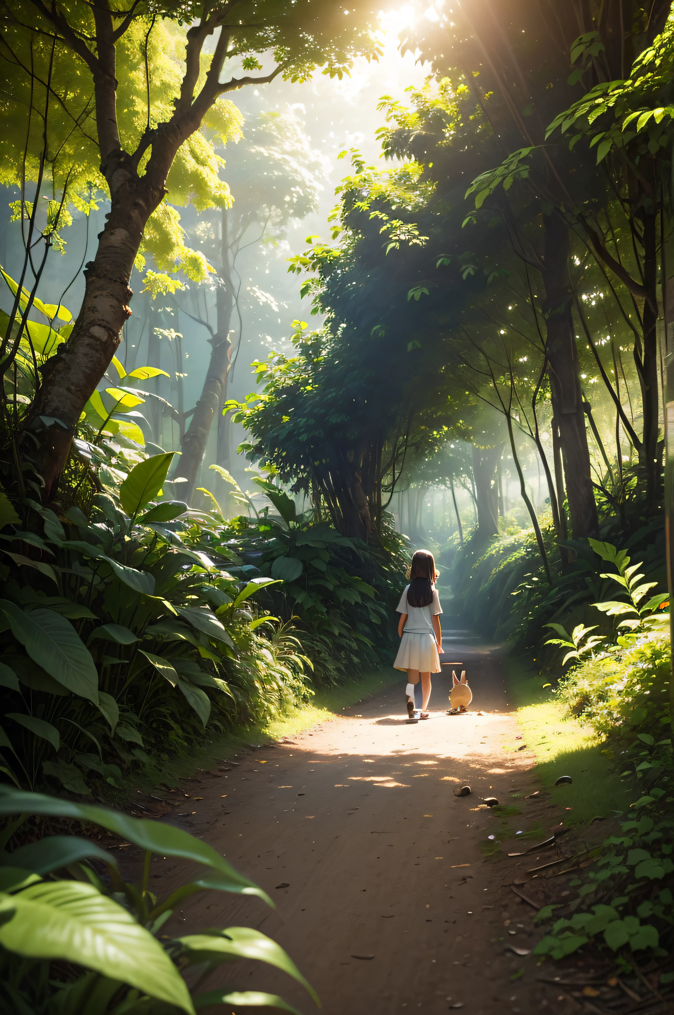 one sunny morning a little girl and a rabbit going towards deep of a jungle