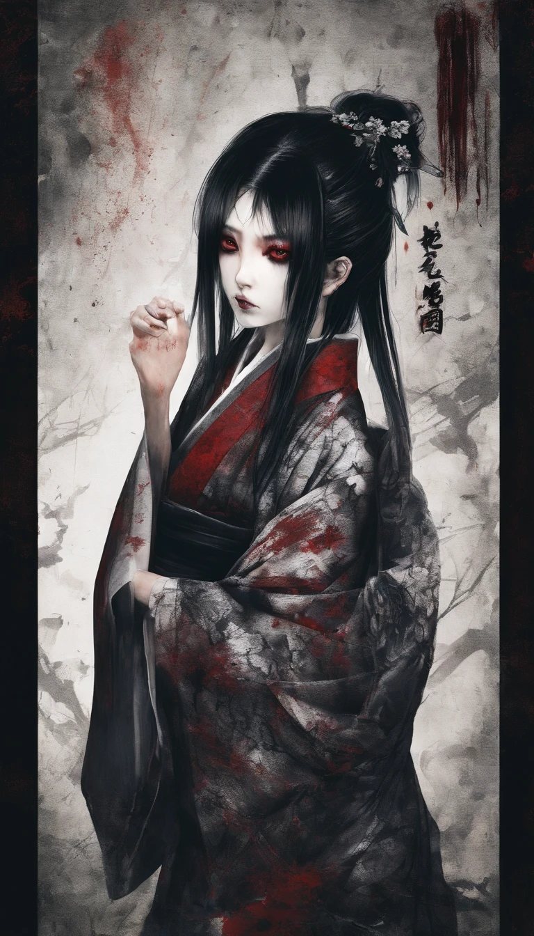 15-year-old Japan girl with black black hair and black eyes wearing kimono、short-cut、Have a book、Blood everywhere, Cute face girl, Smile, bleeding eyes, Bleeding in the nose and mouth, Evil smile