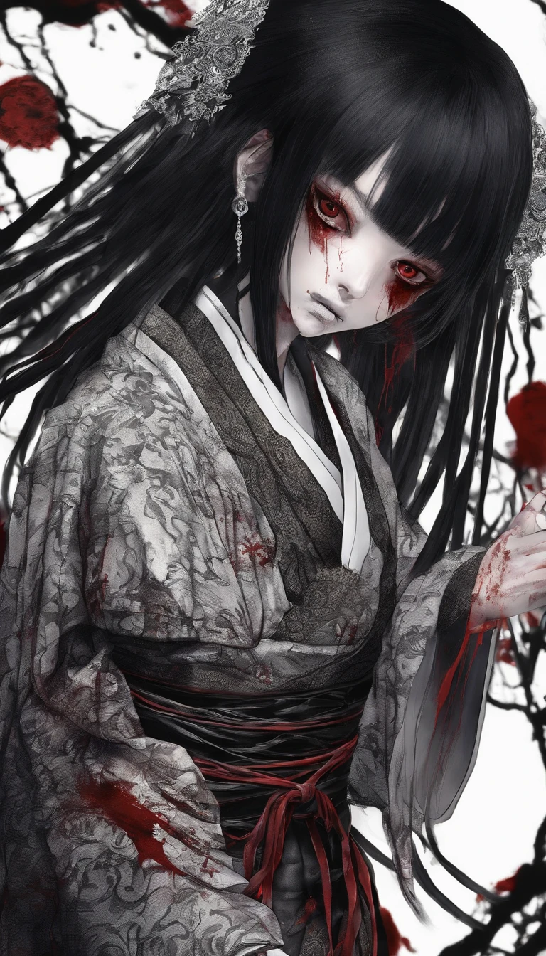 15-year-old Japan girl with black black hair and black eyes in kimono、Blood everywhere, Cute face girl, Smile, bleeding eyes, Bleeding in the nose and mouth, Evil smile
