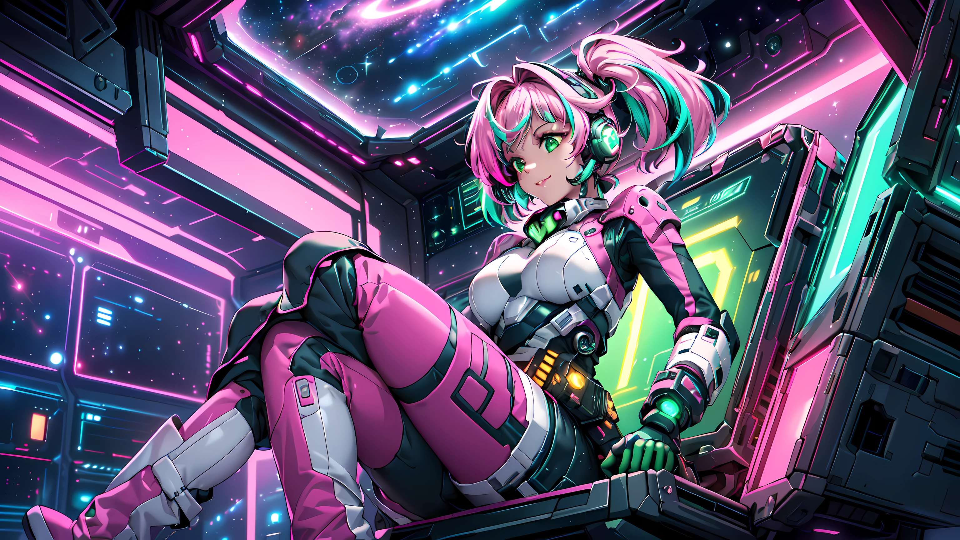 masterpiece:1.3, 1girl ((20year old, dressed in tight purple and pink futuristic space body suit, boots, medium breasts, multicolor pink hair, twin ponytails, perfect model body, green eyes:1.4, Wearing headphones, flirting, happy, big smile, Looking out of a Futuristic Sci-Fi Space Station window, staring out to a beautiful galaxy:1.2, sci fi control room in the background at night:1.1, neon and energetic atmosphere:1.2)),sci fi control room in the background at night:1.1, neon and energetic atmosphere:1.2)) ((galaxy)) ((solo:1.6))