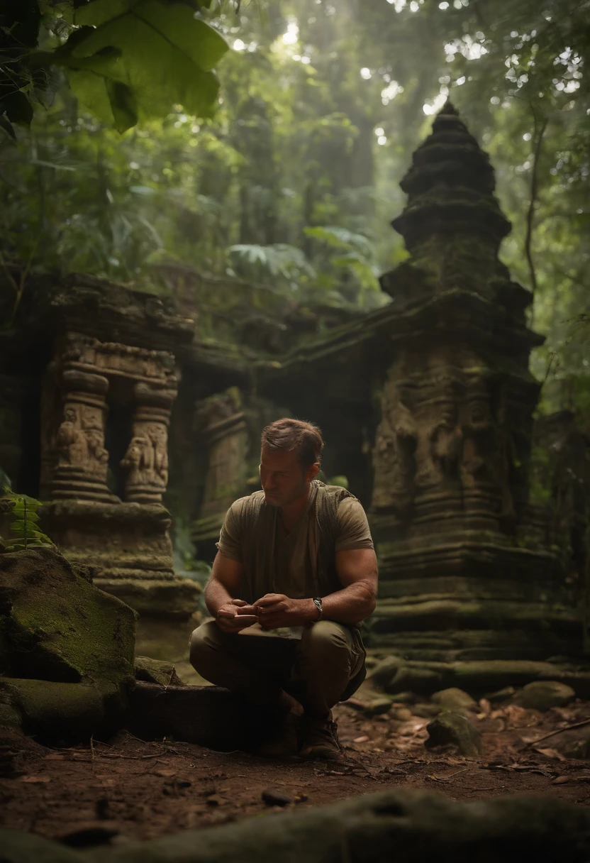 a young archaeologist, uncovering a mysterious artifact in an ancient temple deep within the jungle."