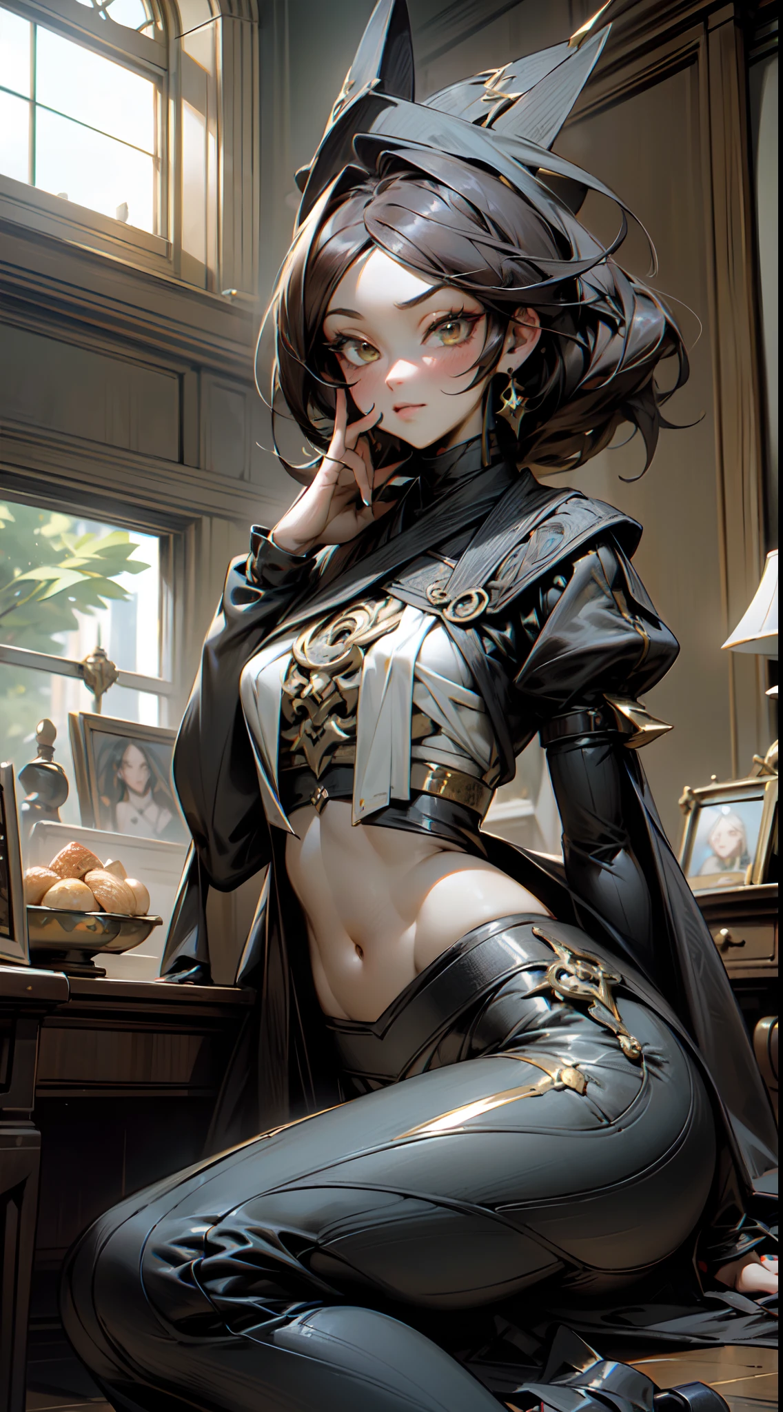 Hiper realista super detalhado sexy Momo Yaoyorozu, NSFW, Very detailed, sexy facial expressions, Seductive Facial Expressions, [:(detalhe do rosto: 1.4): 0.4], 16k resolution, 4k resolution, dynamic  lighting, high-definition resolution, (hyper realistic: 1.4), (luz de fundo: 1.2), (luz solar: 1), (Altura total: 1.8),(fundo contrastante: 1.5), (hyperrealistic anatomy of the arm), (Anatomia hiperrealista das pernas), (pele limpa), (kinematic lighting: 1.7), (intimo), (Tecnologia NVIDIA RTX Ray Tracing), (hyperrealistic anatomy of the arm: 2), (Flat stomach perMade), (imagem colorida),Momo Yaoyorozu sitting in office room, uma parede branca, uma mesa cinzenta, cartazes na parede, poses sensuais, (((master part))), ((melhor qualidade)), ((intrincado detalhado)), ((hiper-realista)), nada absurdo, perspectiva, altamente detalhado, illustration, Momo Yaoyorozu, ((seios grandes)), perfect hands, dedos detalhados, belos olhos detalhados, nametag, CEO, (business outfit:1.2), Camisa Open Office, clivagem, saia justa, gargantilha preta, brincos, Meias, Antecedentes detalhados, quarto, olhos perfeitos, olhos sedutores, Looking at the Viewer, lado a lado