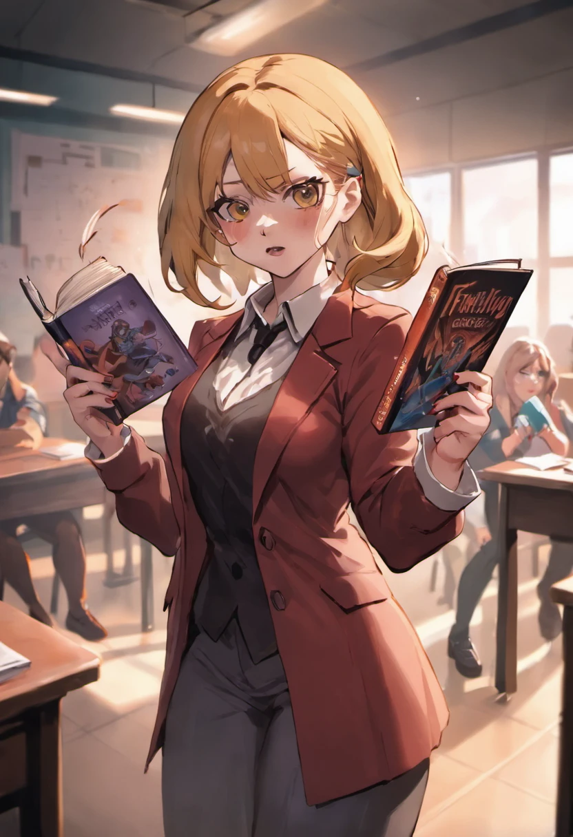 Female teachers with a book in hand in a classroom, fotorrealista, Cinematic lighting