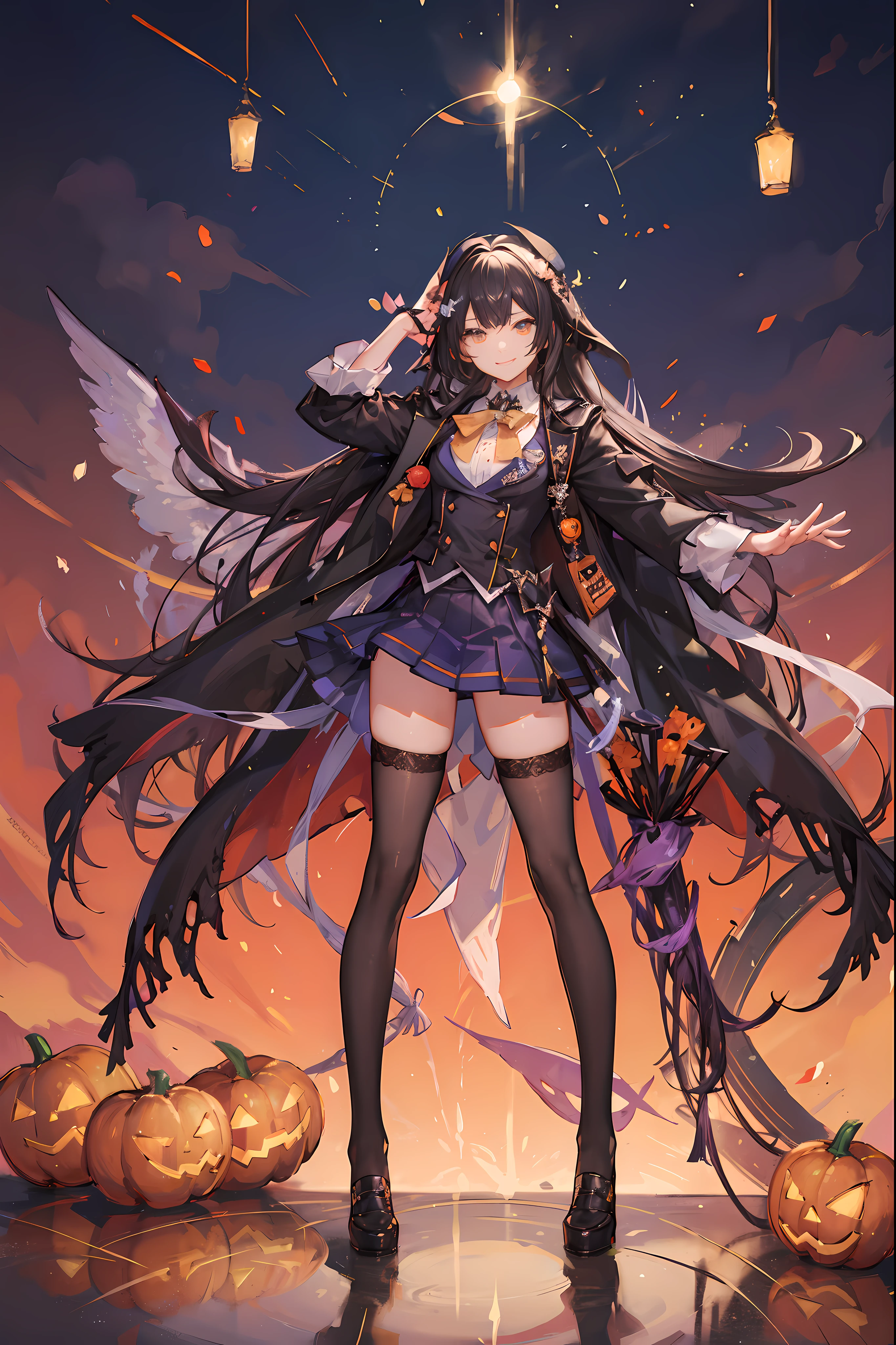 (Halloween), (Halloween), squash, (mini skirt:1.3),(Stockings:1.2), absurderes, superfine illustration,rainboweffect, hight resolution, ultra-detailliert,Light diffusion,highly detailed light reflection, Kaleidoscope, Harmonious, Best Shadow, fullllbody, zoomout, Very detailed very beautiful adult big smile, Castles, beautiful detailed High school uniform