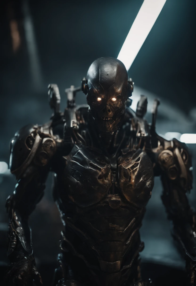best quality,ultra-detailed,mechanical alien warrior,(bloody,gruesome:gory) details,metallic texture,terrifying face and body,glowing red eyes,sharp fangs and claws,shiny armor with elaborate engravings and intricate patterns,menacing appearance,destructive weapons and gadgets,post-apocalyptic setting,haunting background,moonlit night,heavy mist and smoke,dark and eerie atmosphere,dramatic lighting,ominous shadows,intense action scene,horror art style,high contrast,deep red color palette,evil aura,loud and terrifying sounds,eerie silence,blood splatters,weapon clashes,sparks and fire explosions.