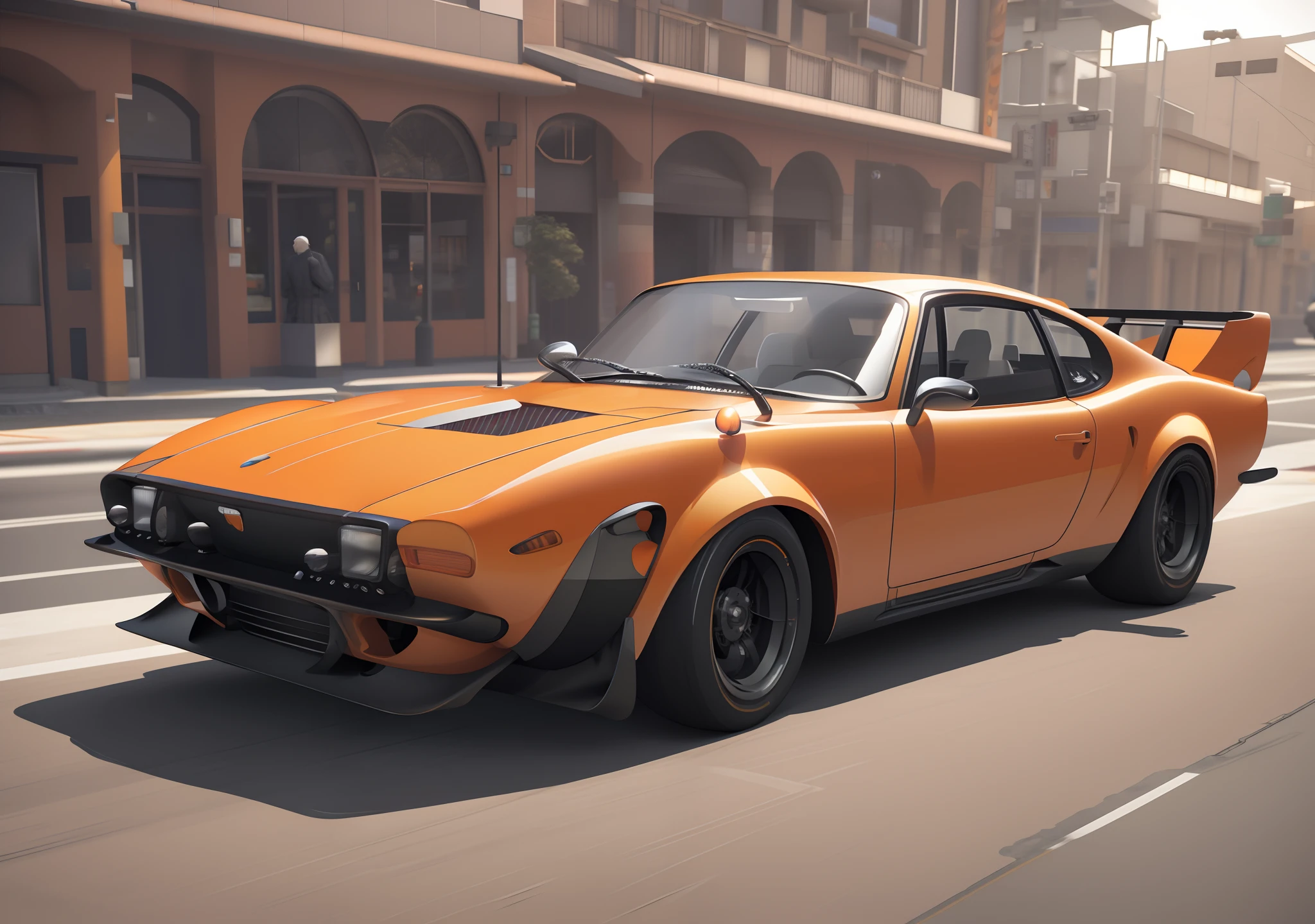 There's an orange car driving down the street in front of a building, daniel maidman octane rendering, estilo miura kentaro, 3 d octano render conceptart, design conceitual arte octane render, bela octanagem render, arte conceitual altamente realista, inspirado em Kentaro Miura, Estilo Kentaro Miura, fine details 8k octane rendering, 8 k octane detailed render