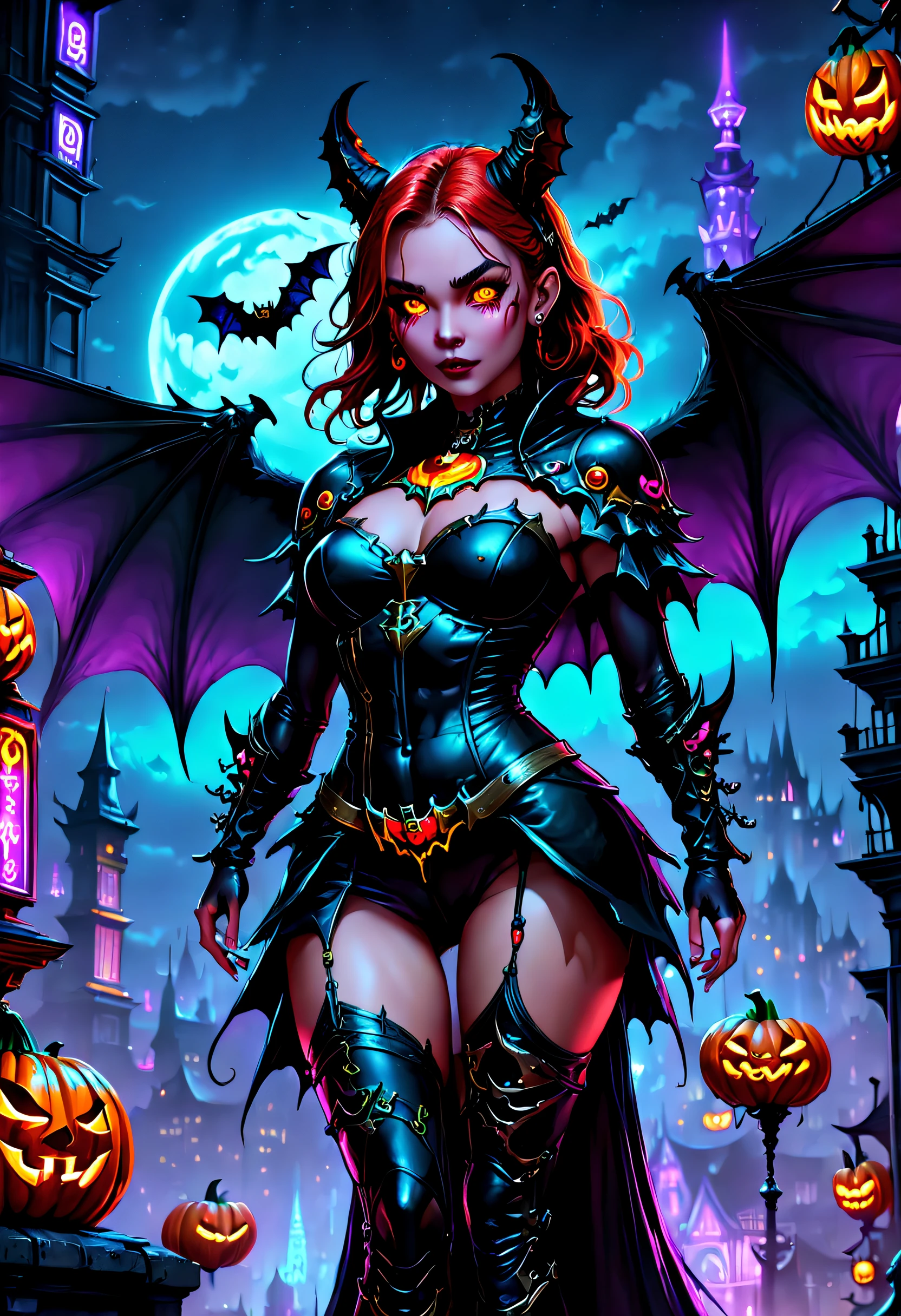 high high quality,Best quality at best,Realiy,Super realistic,super detailing,tmasterpiece,A high resolution,8K,Very realistic,(halloween night:1.6),red - eyed,Meniscus,Red Moon,borgar,(pumpkins:1.5),Bat close-up,hag, 独奏, Dark black cloak,gothic art style,((Bat wings)),Epic fantasy digital art style,A noble and elegant girl, dark fantasy style art, Epic fantasy art style, , dark fantasy art style, Epic fantasy art style HD, dark fantasy digital art,"Artistic image type: {Perched on the top of the cybernetic dragon, Girl investigates the huge cyber metropolis below. Infused with neon lights, Contrast her technically enhanced body, Embedded LEDs and retractable technology weapons shine. In a striking pose, She seemed ready to act, A fusion of ancient legends and visions of the future}, Excellent location,with city view, (Vibrant neon lighting:1.5), (Digital painting:1.25), (4K:1.2). environment: panoramic view of a city,Bats fly across the skyline."