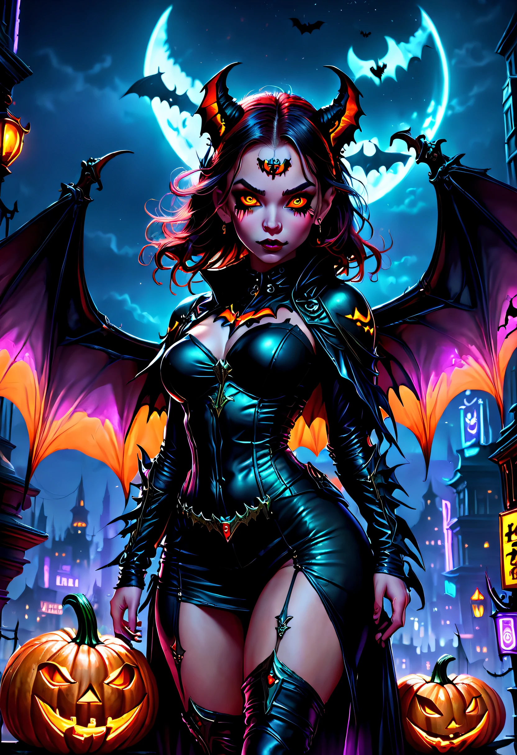 high high quality，Best quality at best，Realiy，Super realistic，super detailing,tmasterpiece，A high resolution，8K，Very realistic，(halloween night:1.6),red - eyed，Meniscus，Red Moon，borgar，(pumpkins:1.5)，Bat close-up，hag， 独奏， Dark black cloak，glitchpunk girl,ultra-realistic realism，Tattooed with，gothic art style，((Bat wings))，Epic fantasy digital art style,A noble and elegant girl, dan mumford tom bagshaw, dark fantasy style art, Epic fantasy art style, , dark fantasy art style, Epic fantasy art style HD, dark fantasy digital art，"Artistic image type: {Perched on the top of the cybernetic dragon, Girl investigates the huge cyber metropolis below. Infused with neon lights, Contrast her technically enhanced body, Embedded LEDs and retractable technology weapons shine. In a striking pose, She seemed ready to act, A fusion of ancient legends and visions of the future}, Excellent location，with city view, (Vibrant neon lighting:1.5), (Digital painting:1.25), (4K:1.2). environment: panoramic view of a city，Bats fly across the skyline."