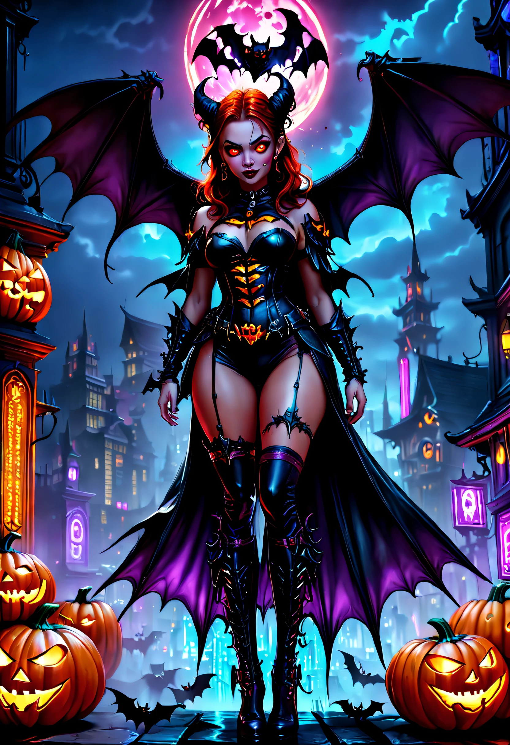 high high quality,Best quality at best,Realiy,Super realistic,super detailing,tmasterpiece,A high resolution,8K,Very realistic,(halloween night:1.6),red - eyed,Meniscus,Red Moon,borgar,(pumpkins:1.5),Bat close-up,hag, 独奏, Dark black cloak,glitchpunk girl,ultra-realistic realism,Tattooed with,gothic art style,((Bat wings)),Epic fantasy digital art style,A noble and elegant girl, dan mumford tom bagshaw, dark fantasy style art, Epic fantasy art style, , dark fantasy art style, Epic fantasy art style HD, dark fantasy digital art,"Artistic image type: {Perched on the top of the cybernetic dragon, Girl investigates the huge cyber metropolis below. Infused with neon lights, Contrast her technically enhanced body, Embedded LEDs and retractable technology weapons shine. In a striking pose, She seemed ready to act, A fusion of ancient legends and visions of the future}, Excellent location,with city view, (Vibrant neon lighting:1.5), (Digital painting:1.25), (4K:1.2). environment: panoramic view of a city,Bats fly across the skyline."