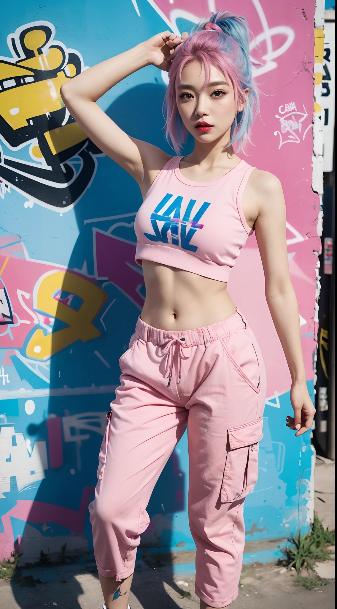 best quality, Clarity, 4k, 8k, detail, actual, Beautiful Girl, Korean makeup, Red lips, pink and blue hair, Perfect body, thigh, stand, pose standing, medium chest, Graffiti tank top, Pink and Blue Cargo Box Pants, Solid graffiti wall background, Graffiti art,