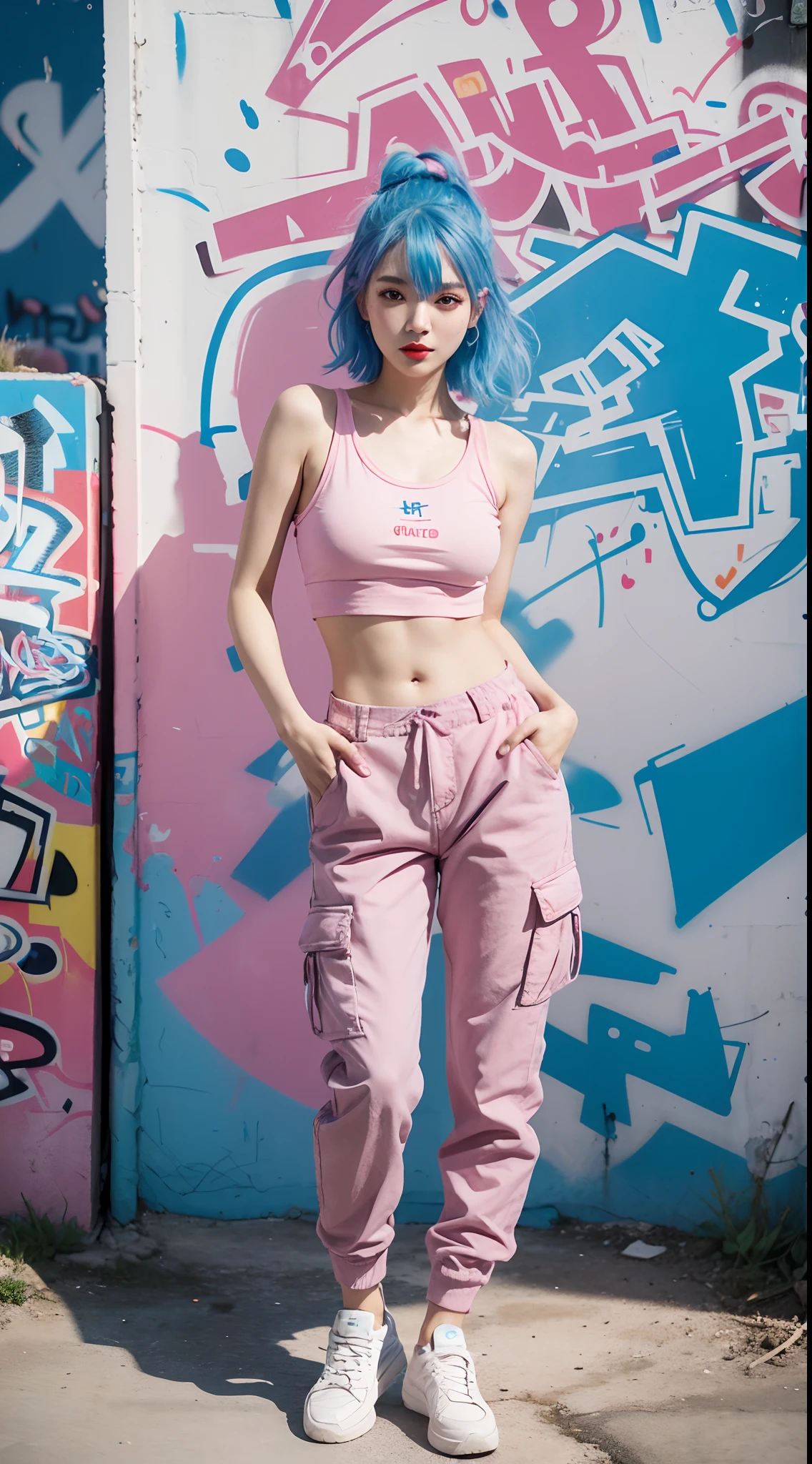 best quality, Clarity, 4k, 8k, detail, actual, Beautiful Girl, Korean makeup, Red lips, pink and blue hair, Perfect body, thigh, stand, pose standing, medium chest, Graffiti tank top, Pink and Blue Cargo Box Pants, Solid graffiti wall background, Graffiti art,