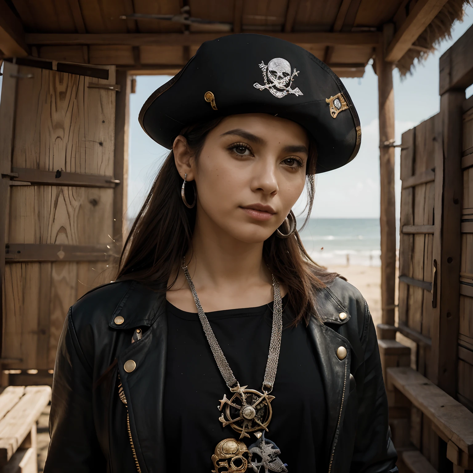 Valeria Corsaria tiene cabello largo y oscuro que ondea al viento. Sus ojos son profundos y misteriosos, dark brown.
Viste un atuendo pirata elegante, wearing a black leather jacket decorated with gold accents and brass buttons.
Lleva una bandolera cruzada con una bandera pirata negra ondeando al viento. La bandera tiene la calavera y las tibias cruzadas, A symbol of your loyalty to the pirate spirit.
En su ojo derecho, He wears a classic pirate patch that gives him an air of mystery, mientras que en el ojo izquierdo, muestra con orgullo una cicatriz pronunciada que desciende desde la frente hasta su mejilla.
En su cuello, lleva un colgante de una cruz patada, A symbol that represents their courage and fearless spirit. The cross is adorned with silver accents and sways with every step it takes.
En una mano sostiene con firmeza el planeta Tierra, with the Latin American region (LATAM) resaltada en rojo, symbolizing their connection to the region and their adventurous spirit.