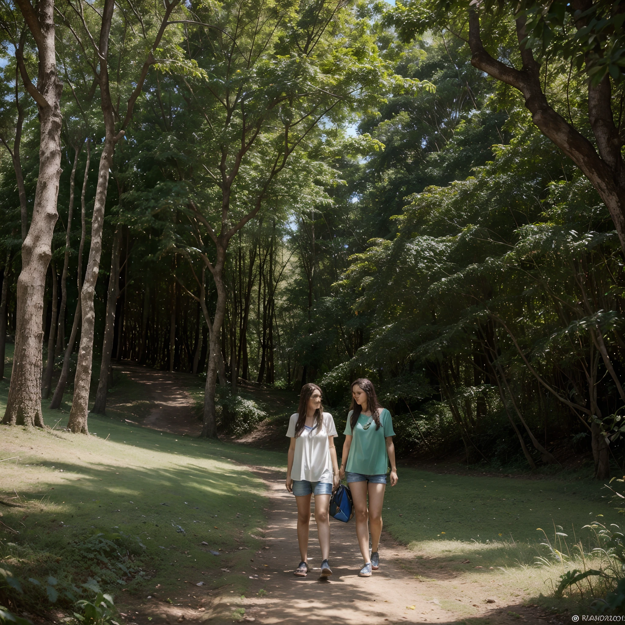 Uma foto de um piquenique sem pessoas, mas com tudo montado em uma floresta no meio dia